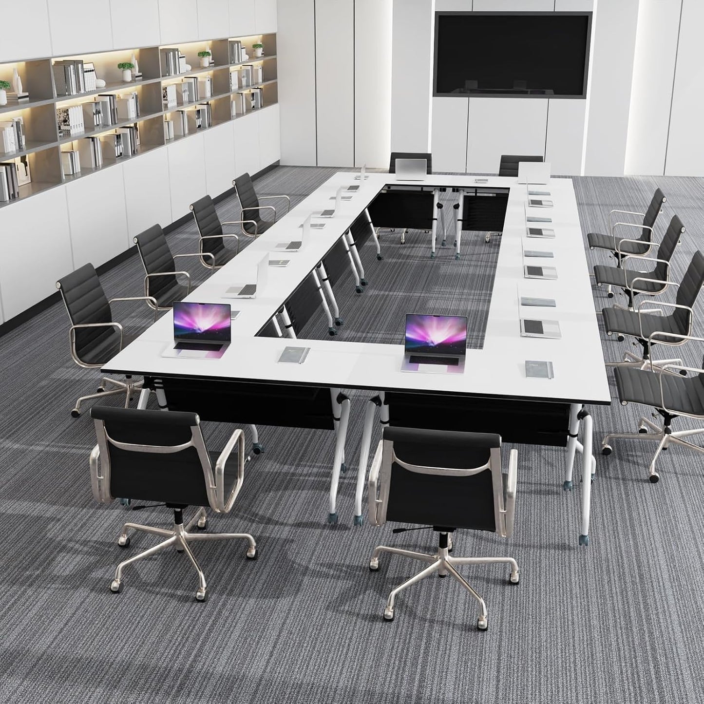 Conference Table, Folding Conference Room Tables, Mobile Training Tables with Silent Wheels, Large Rectangular Modular Seminar Table Office Computer Desks for Classroom White (4Pack L55.1in)