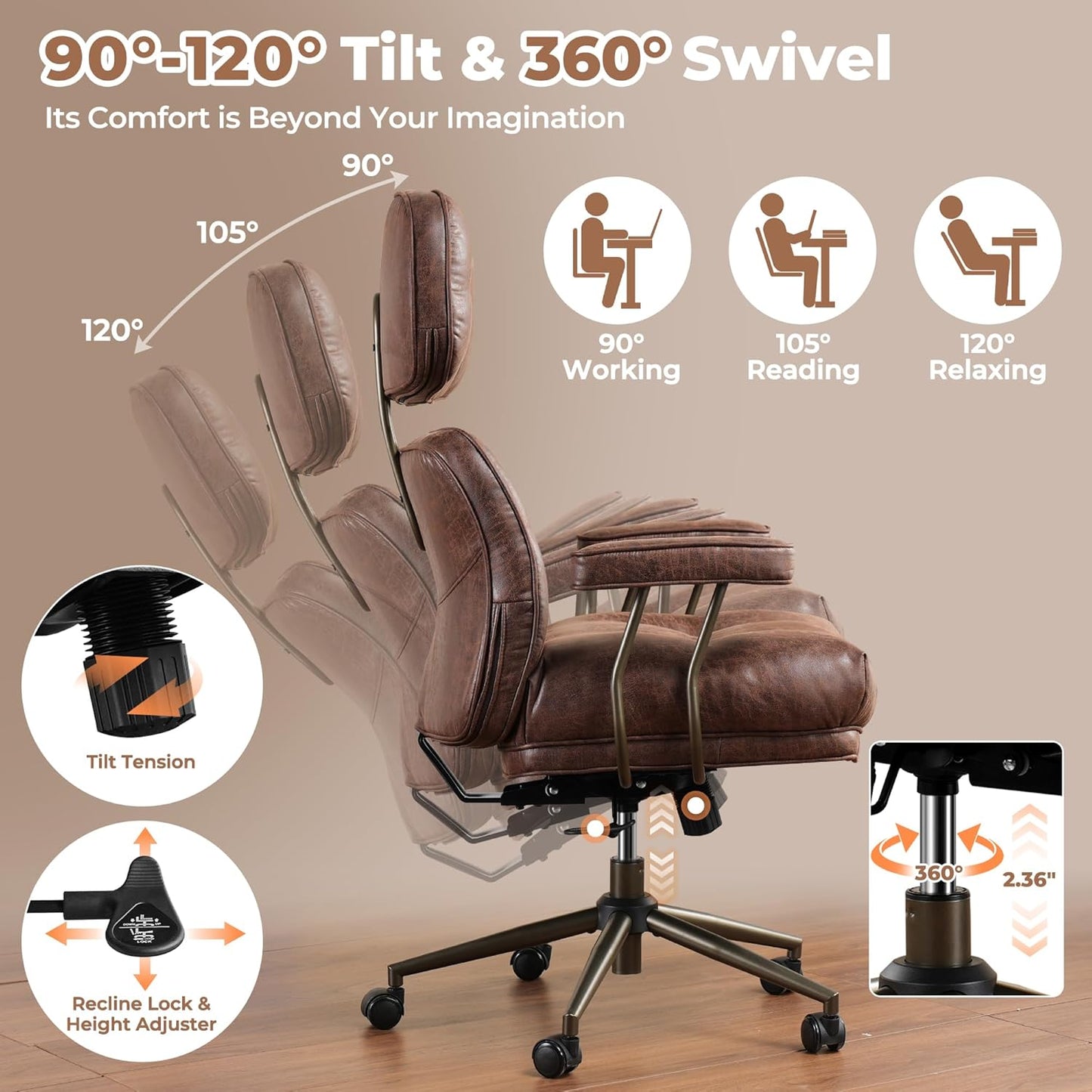 ovios Home Office Chair, Mid-Century Modern Faux PU Leather Chairs with Lumbar Support Comfy Thick Cushion, High Back Ergonomic Swivel Rolling Executive Armchair (Dark Brown, Suede Leather)