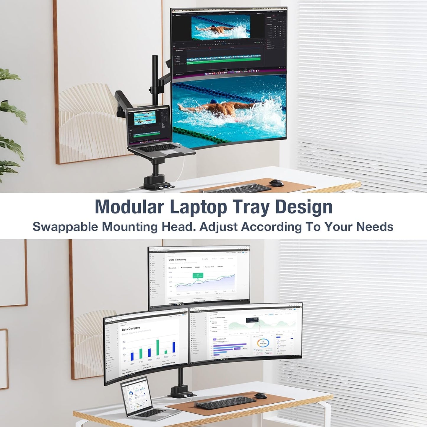 AVLT Laptop & Dual 40 Inch Stacking Monitor Arm Pole Top Mount with USB-C USB-A Ports-Black, Supports 26.4 lbs (12kg), Ultrawide Screen Fit, VESA Compatible, Multi-Screen, Ergonomic Workspace Upgrade