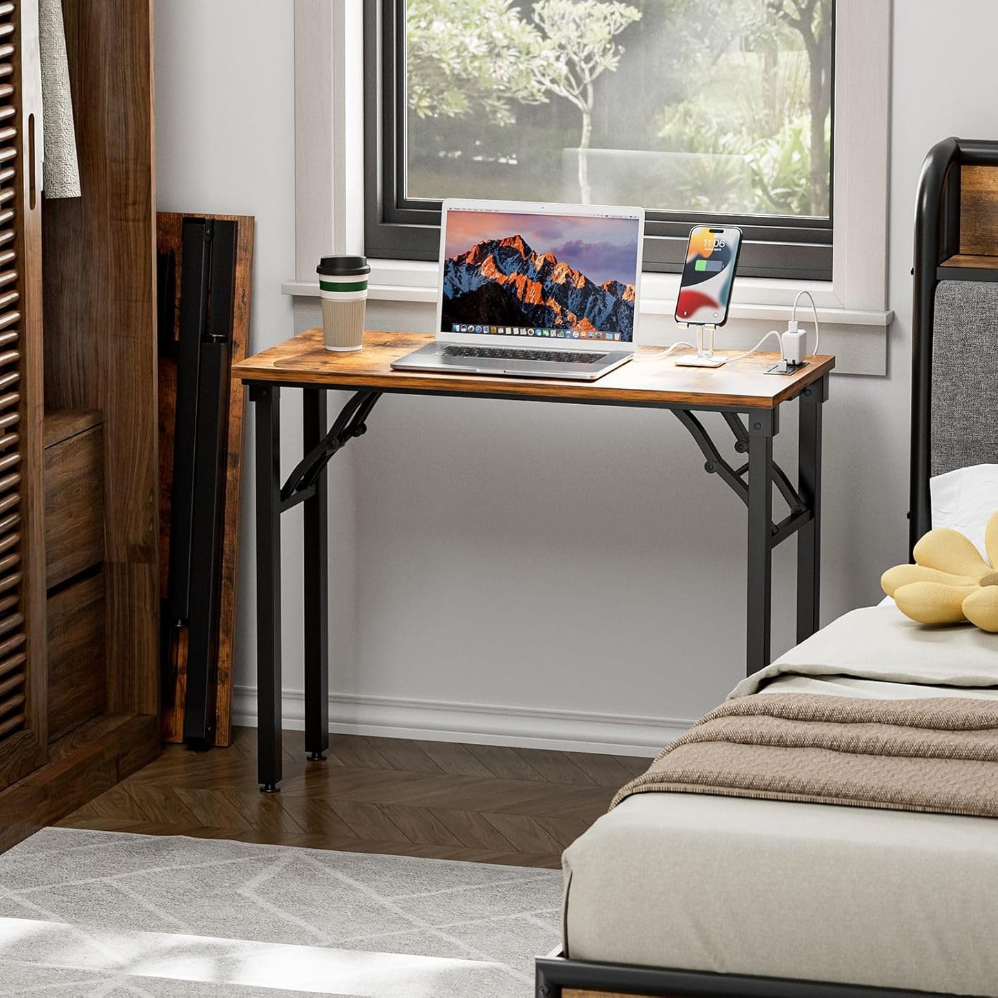 TEMI Small Computer Desk Folding Table - No Assembly, Compact 35.8" Foldable Desk with Power Outlets & USB Charging Port, Portable Small Office Desk, Ideal Mini Study Table for Narrow Spaces, Brown