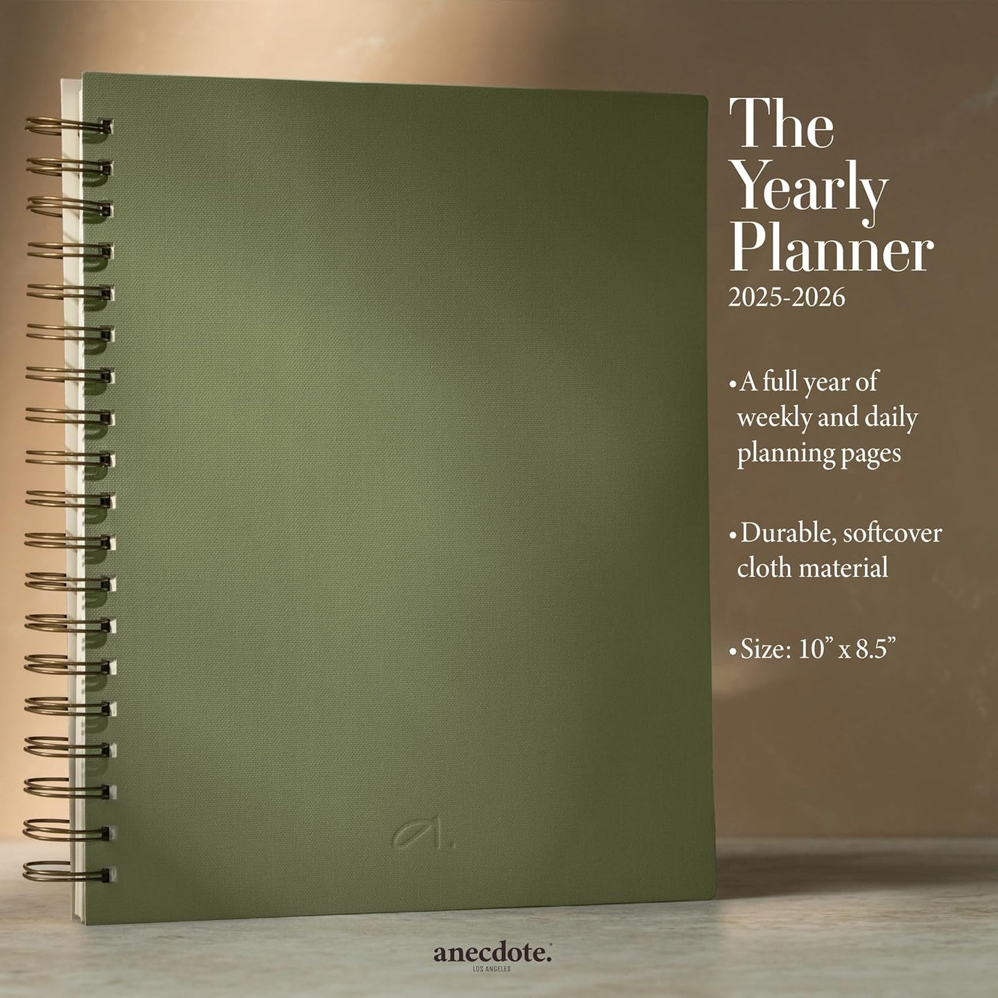 Anecdote Planner 2026 (8.5" x 10") Daily Planner Weekly Monthly Planner - 52 Weeks w/Library Buckram Cover, Brass Spiral - A4 Size Bleed-Resistant Paper – Olive Green