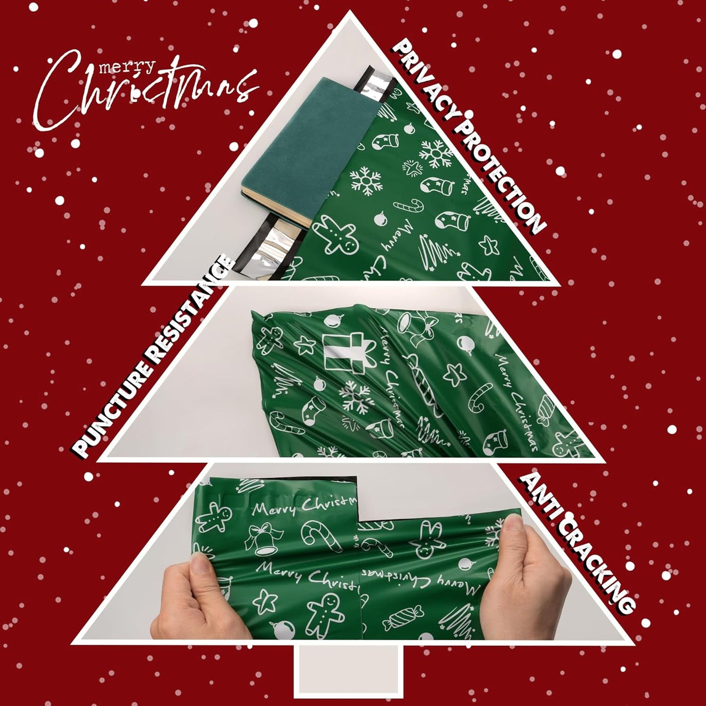 Christmas Poly Mailer - 14.5x19 Inch, 50 Waterproof Tear-Resistant Self-Seal Bags - Green Merry Christmas