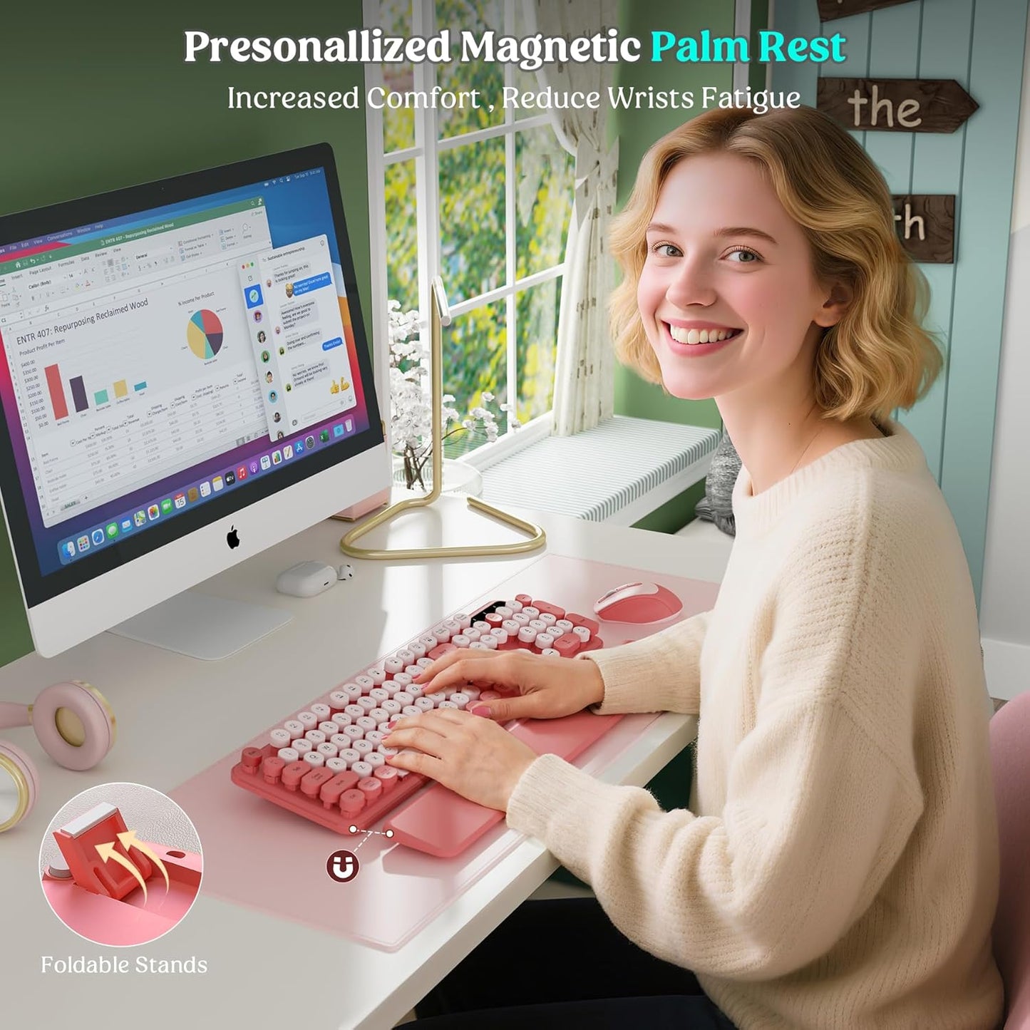 Wireless Keyboard and Mouse - Cute Round Keycaps, Detachable Wrist Rest, Full-Size Retro Typewriter Keyboard with Tilt Legs, 2.4G Wireless Combo for Women, PC, Laptop, Windows - Trueque (Blush Pink)