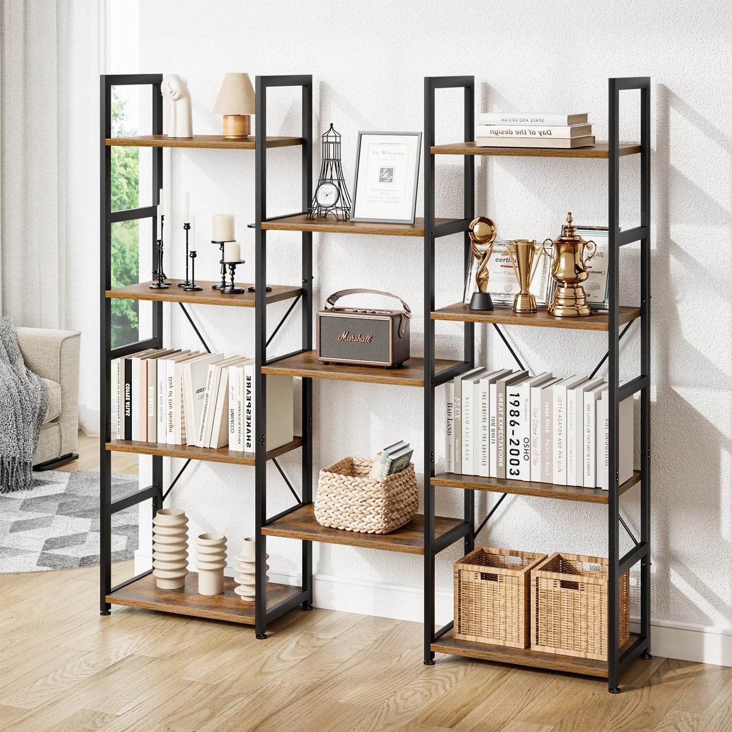 NUMENN Triple Column 4 Tier Bookshelf, Bookcase with 11 Open Display Shelves, Adjustable Rustic Industrial Style Book Shelves, Modern Bookshelves for Bedroom, Living Room and Home Office, Vintage