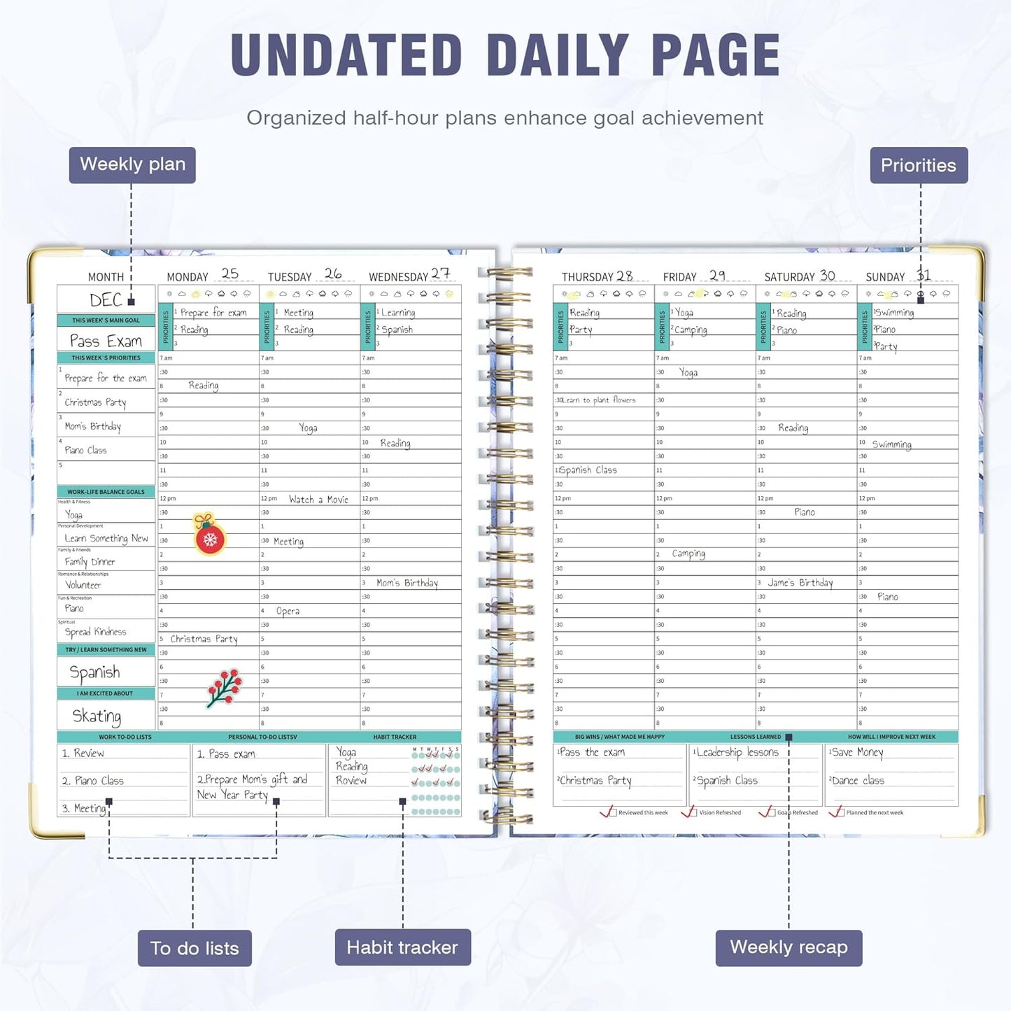 Ospelelf Spiral Undated Daily Planner 8.5 x 11, Weekly Monthly Teacher Academic Yearly 2025-2026, Purple