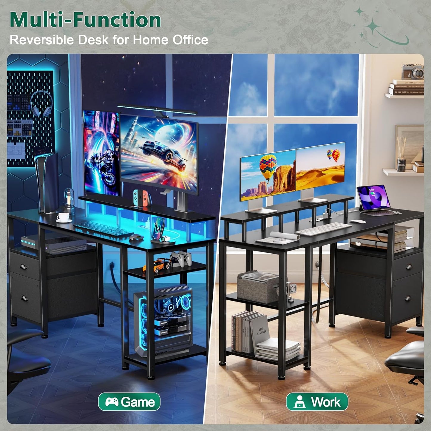 Furologee 51" Gaming Desk with Power Outlets & LED Lights, Reversible Computer Desk with File Cabinet & Monitor Stand for Home Office, Large Work Table with Storage Shelves & Drawer, Black