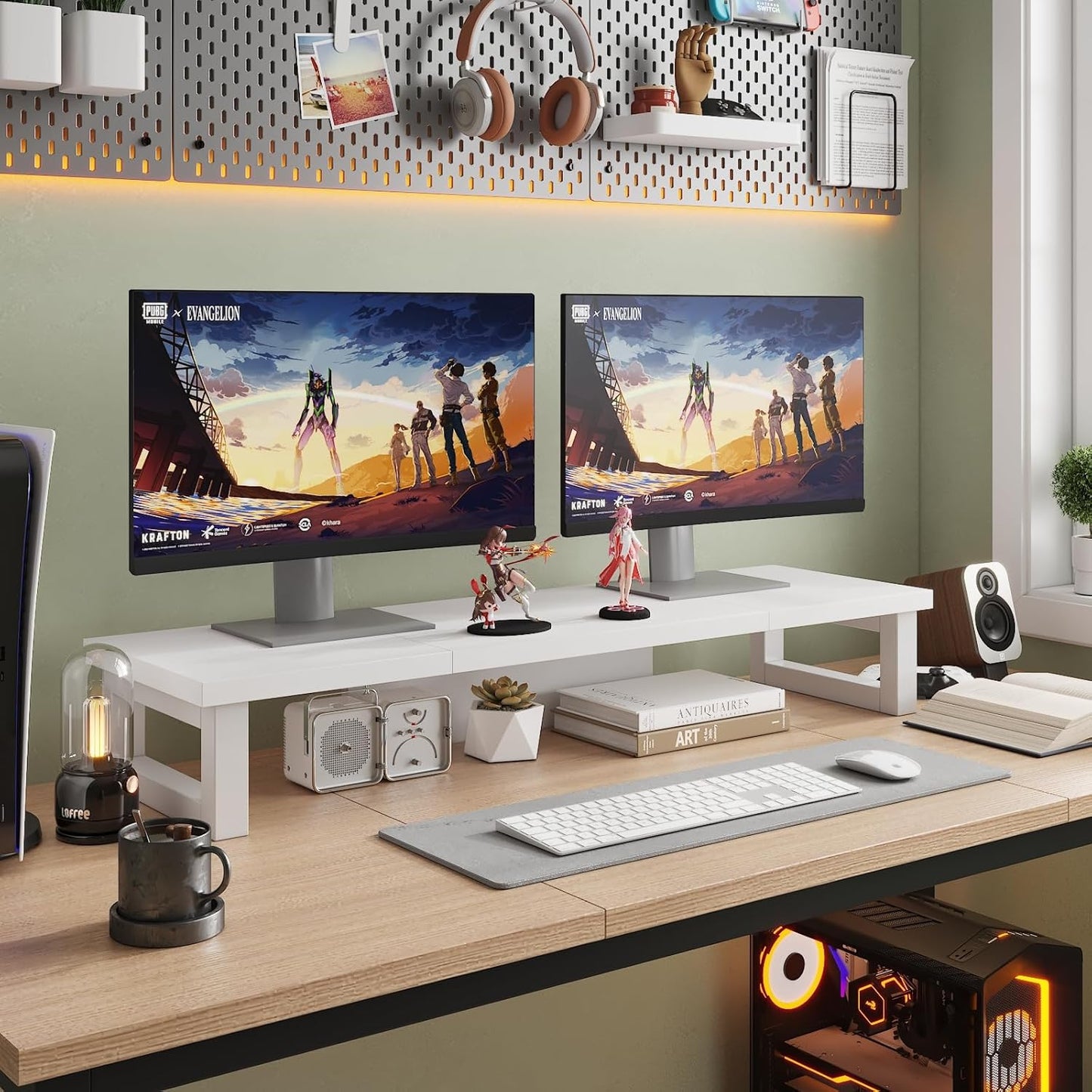 WESTREE Dual Monitor Stand Riser, Wood and Steel Monitor Stand Riser, Computer Monitor Stand for 2 Monitors, Multi-Purpose Desktop Storage Stand for Computer,Laptop,Printer,TV