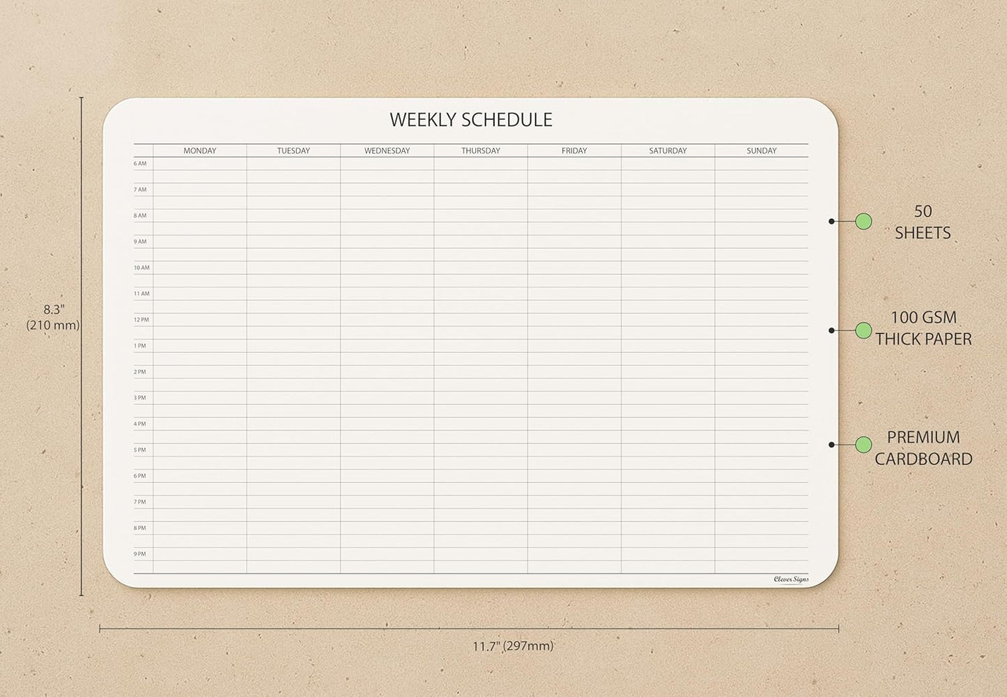 Schedule Pad, Tear Off Undated Weekly Planner Notepad, A4 Size (8,3" X 11,7"), Premium Thick Paper with Cardboard Back Support, Weekly Desk Planner by CLEVER SIGNS