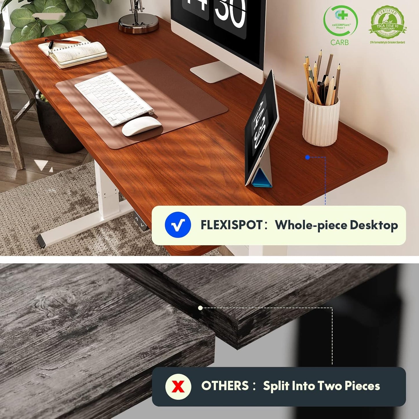 FLEXISPOT E6 Essential Standing Desk 3 Stages Dual Motor Electric 60x24 Inch Whole-Piece Board Height Adjustable Electric Sit Stand Desk(White Frame + Mahogany Desktop, 2 Packages)