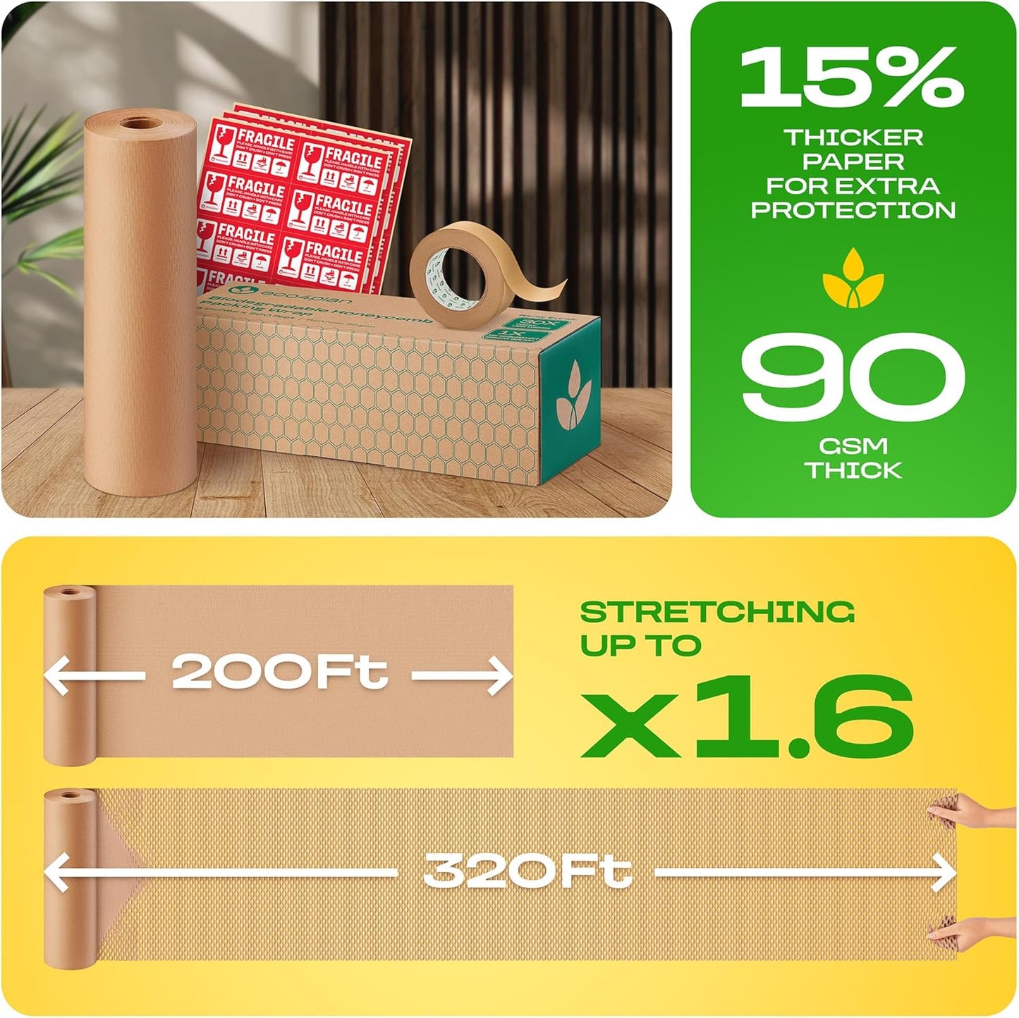 Honeycomb Packing Paper | Extra Thick 90 GSM Packing Wrap | Biodegradable Packing Materials: 15” x 200’ Moving Paper + 195’ Cellulose Adhesive Tape + 30 Fragile Stickers | Paper Bubble Wrap