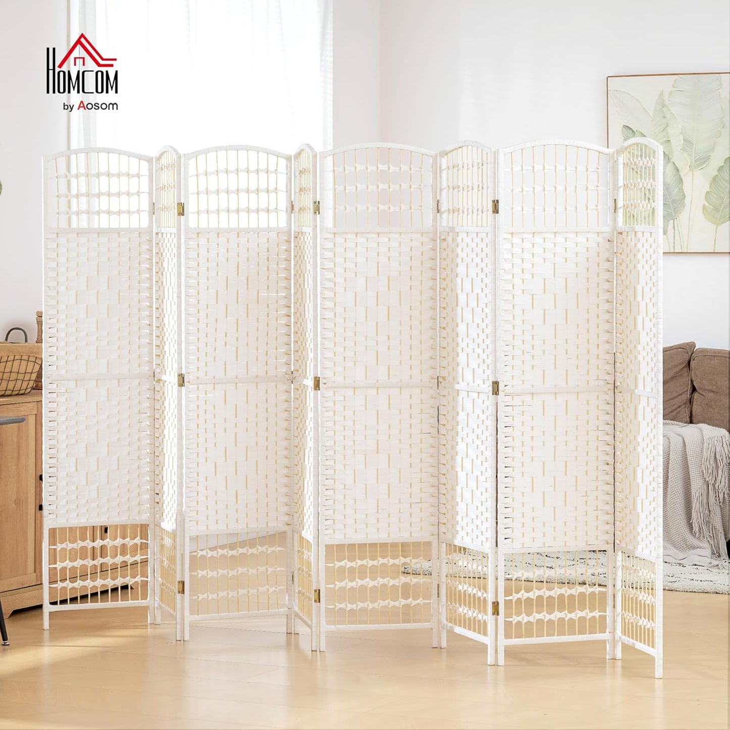 HOMCOM 8 Panel Room Divider, Folding Privacy Screen, 5.6' Room Separator, Wave Fiber Freestanding Partition Wall Divider, White