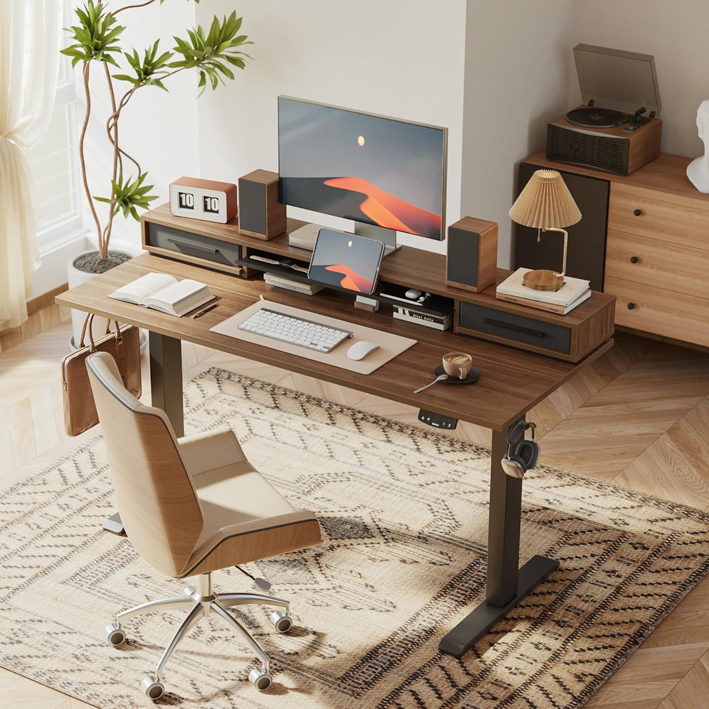 Agilestic 55 Inch Electric Standing Desk with Drawers, Adjustable Desk with Storage Shelf, Stand Up Home Office Computer Table, Splice Board, Dark Walnut