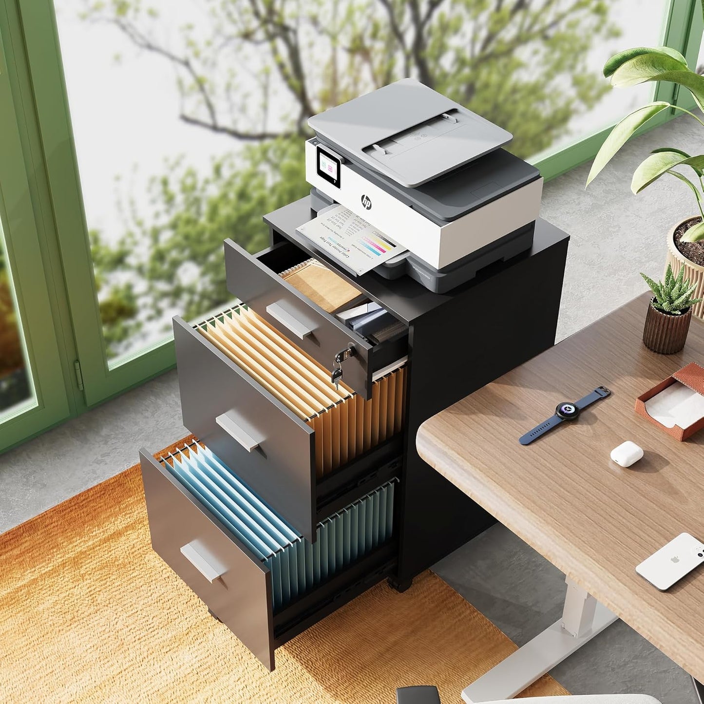 DEVAISE 3 Drawer Rolling File Cabinet with Lock, Wood Filing Cabinet fits Letter / A4 Size for Home Office, Black