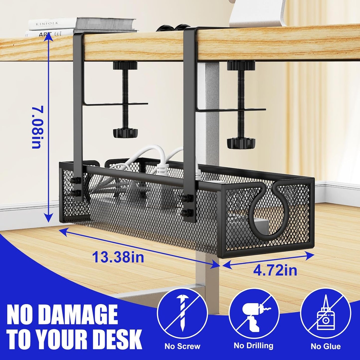 REFLYING Under Desk Cable Management Tray, Metal Long Arms(3.9in), No Drill Mesh Desk Cable Tray, Wire Management Tray Cable Management Box for Office, Desk Cable Tray Wire Organizer, 1 Pack, Black