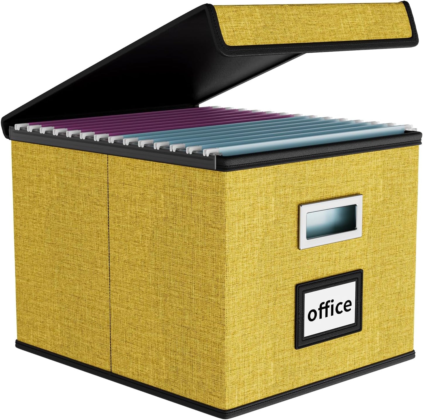 Huolewa Collapsible File Storage Organizer Box with Lid, Linen Document Storage Organization, Universal Hanging Filing Box for Letter/Legal Folder, Decorative Office/Home File Bins - yellow, box only