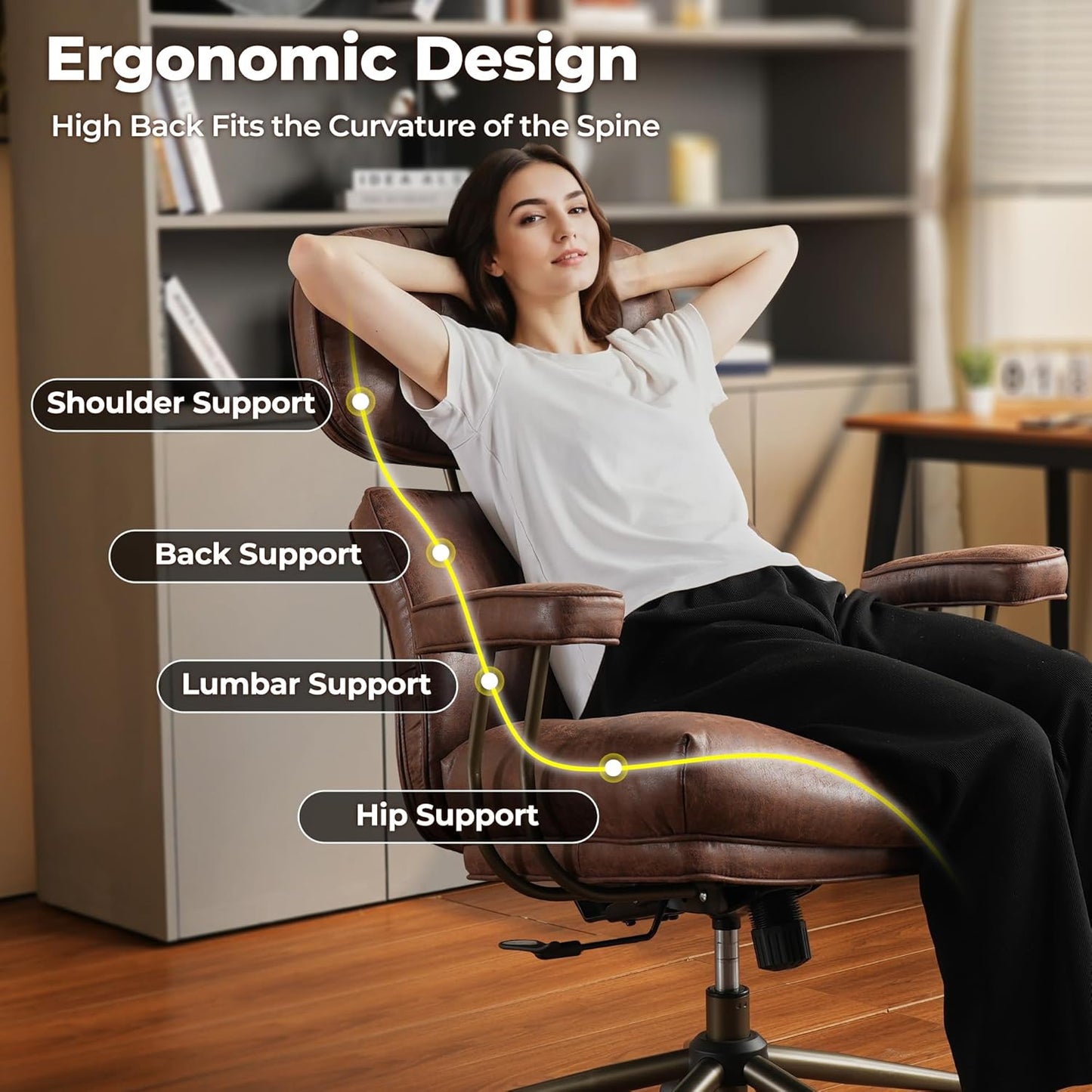 ovios Ergonomic Home Office Chair, Mid-Century Modern Faux Leather Chairs with Thickened Cushions, Comfy High Back Swivel Rolling Executive Computer Armchair (Dark Brown, Suede Leather)