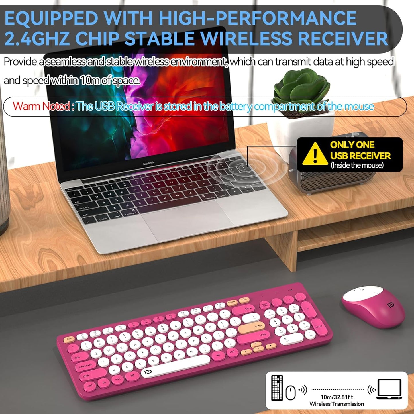 FD Wireless Keyboards and Mouse Combo - 2.4GHz USB Cordless, Cute Wireless Keyboard Round Keys, Quiet and Slim Set for Laptop, Computer, TV and Mac - Strawberry White Colorful