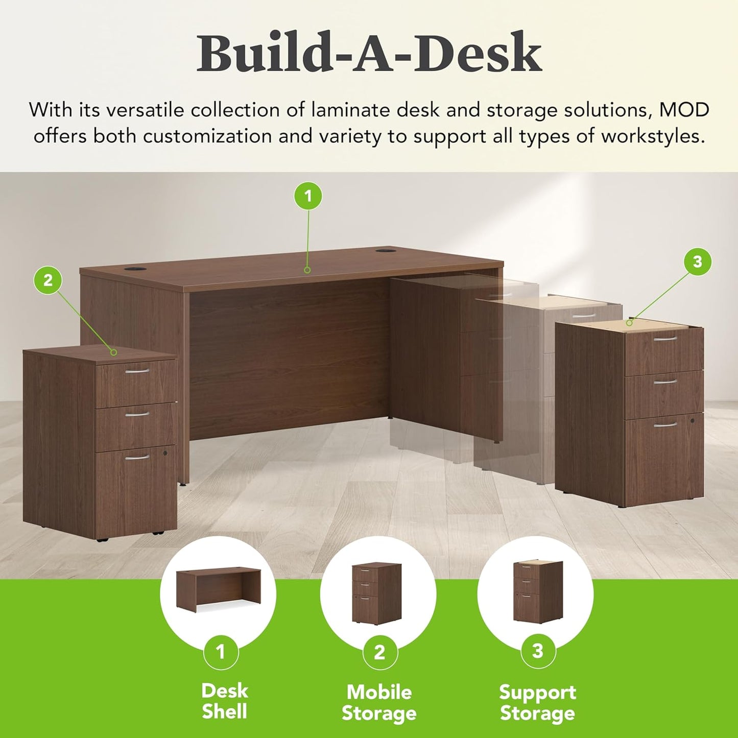HON MOD Executive Desk 66-Inch Large Computer Desk Shell, Thick Wooden Laminate, Modern Table with Cord Management, 66" W x 30" D x 29" H, Walnut