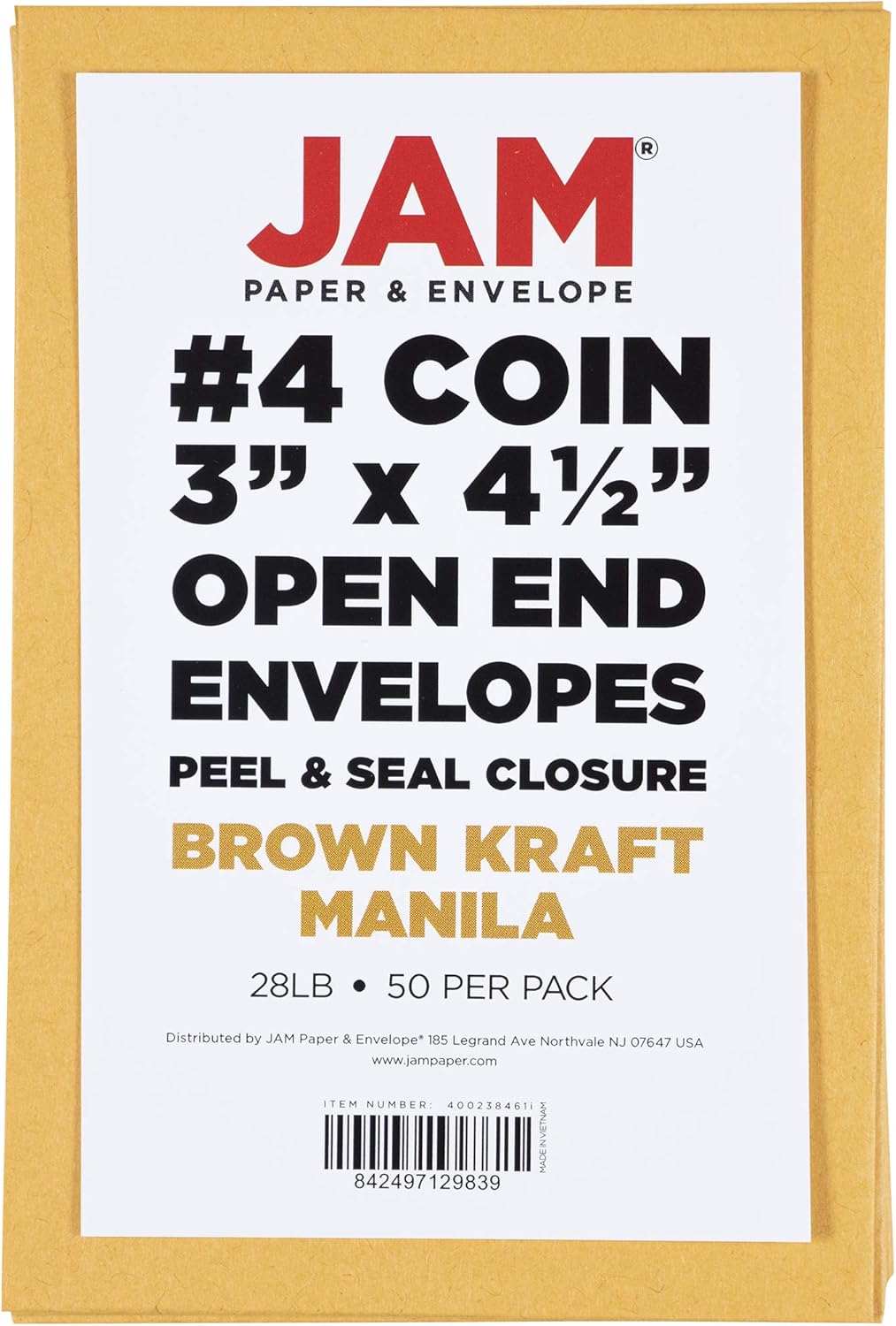 JAM PAPER #4 Coin Business Commercial Envelopes with Peel and Seal Closure - 3 x 4 1/2 - Brown Kraft Manila - 50/Pack