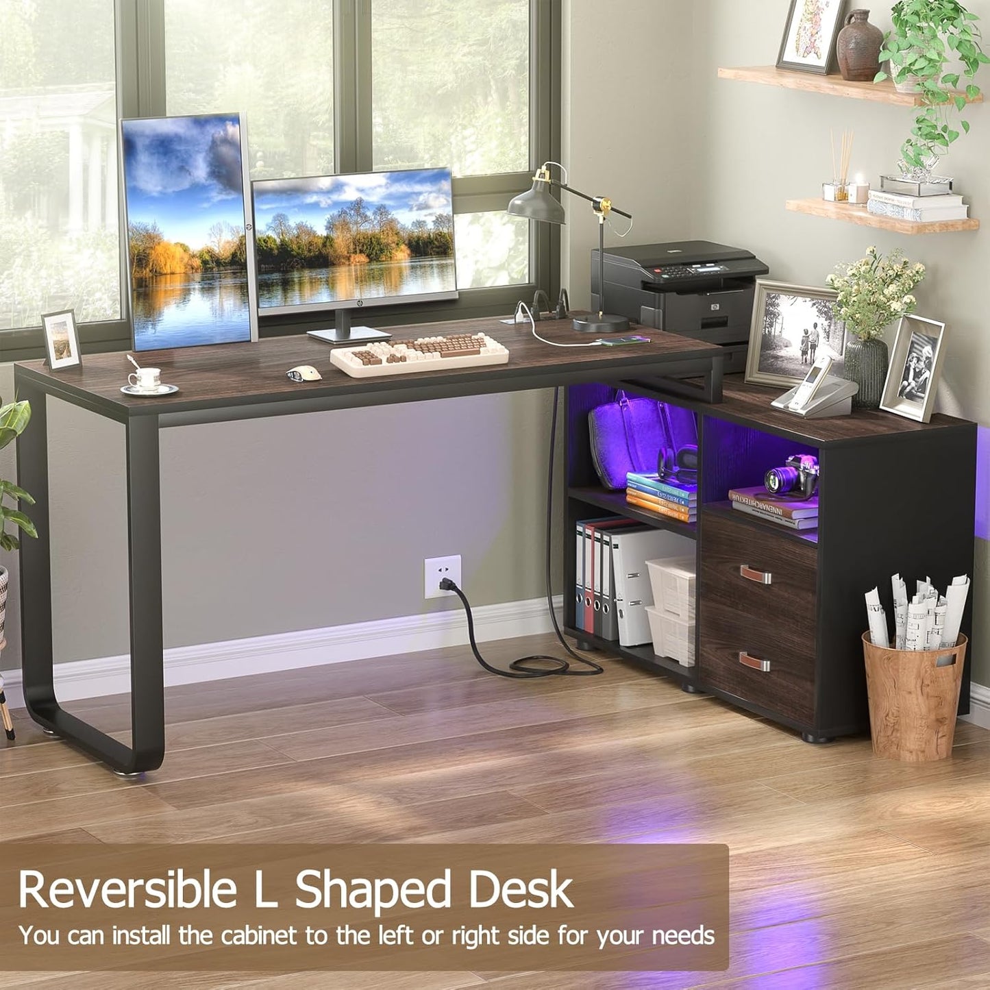 Homieasy L Shaped Desk with File Cabinet & Power Outlet, Reversible 55 Inch Large Corner Computer Desks with LED Strip, L-Shaped Computer Desk with Drawers and Storage Shelves, Espresso