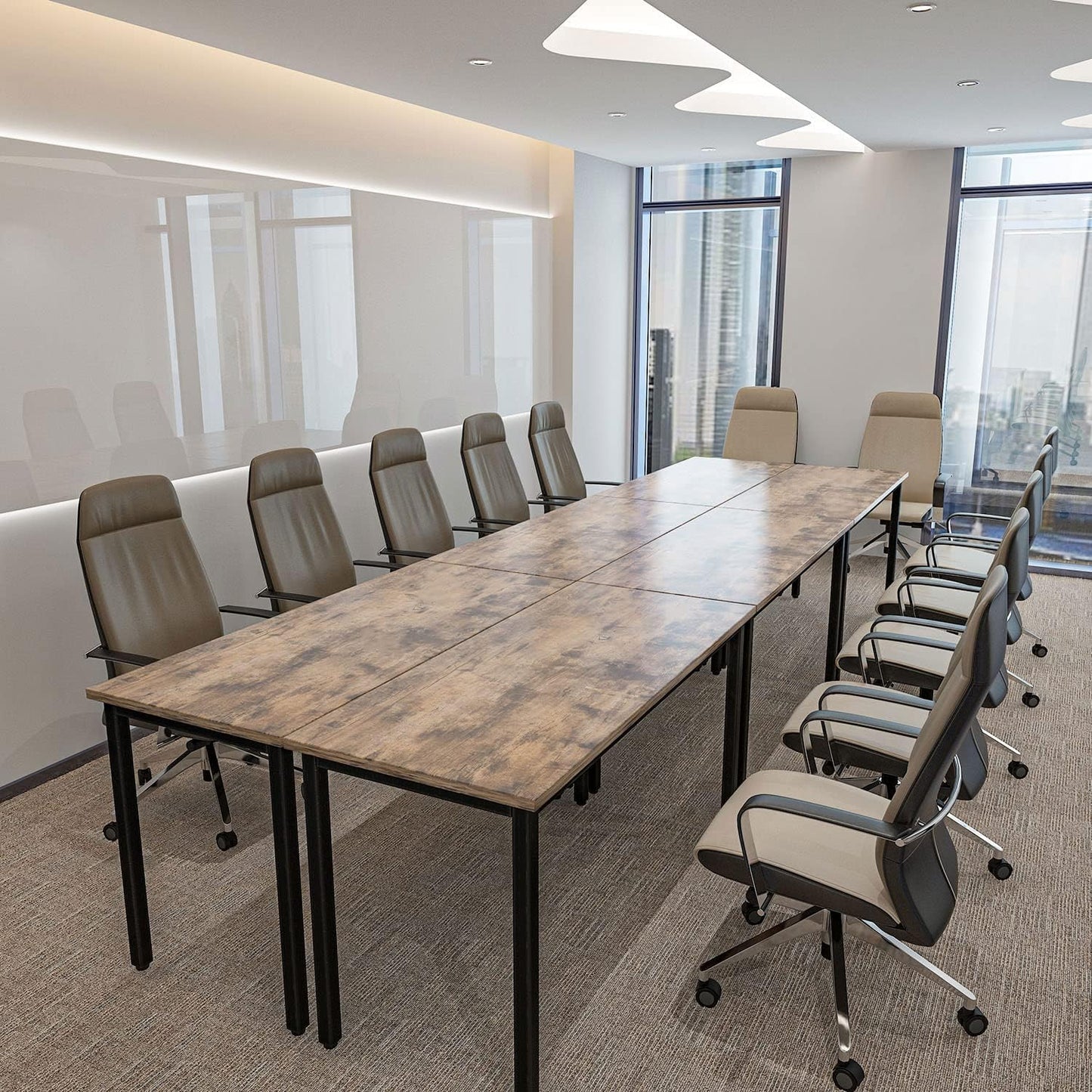 Bonzy Home Conference Tables 14ft Office Computer Desk for Meeting Room Study Writing Printer Table for 16 People Save Space Design Rustic Vintage Brown 6PCS (165.3"x47.2"x29.5")