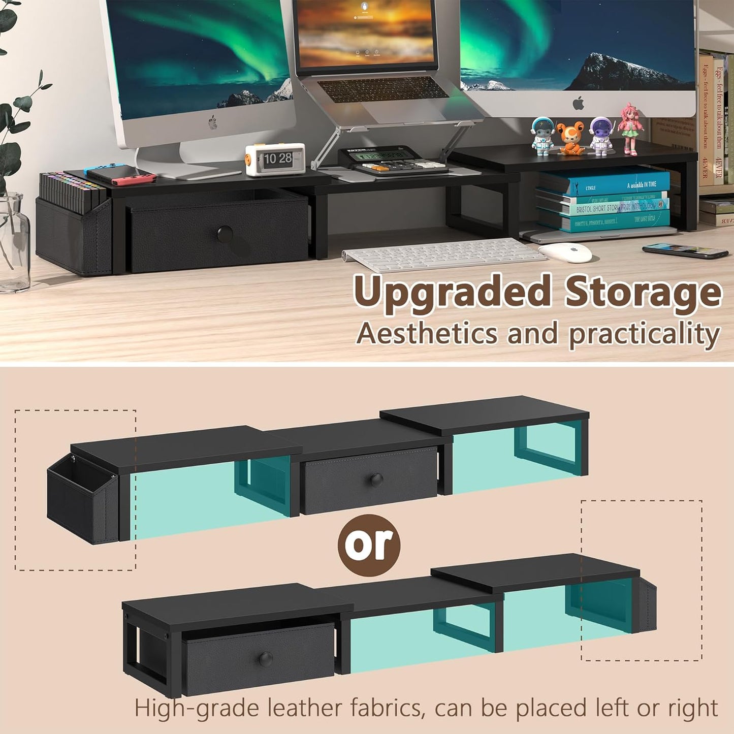 LAND·VOI Heavy Duty Dual Monitor Stand, Holds 2 Screens Up to 27 Inches, Adjustable Length and Angle Monitor Riser, Desk Organizer with Side Pockets and Drawers, Home Office Desk Storage, Black