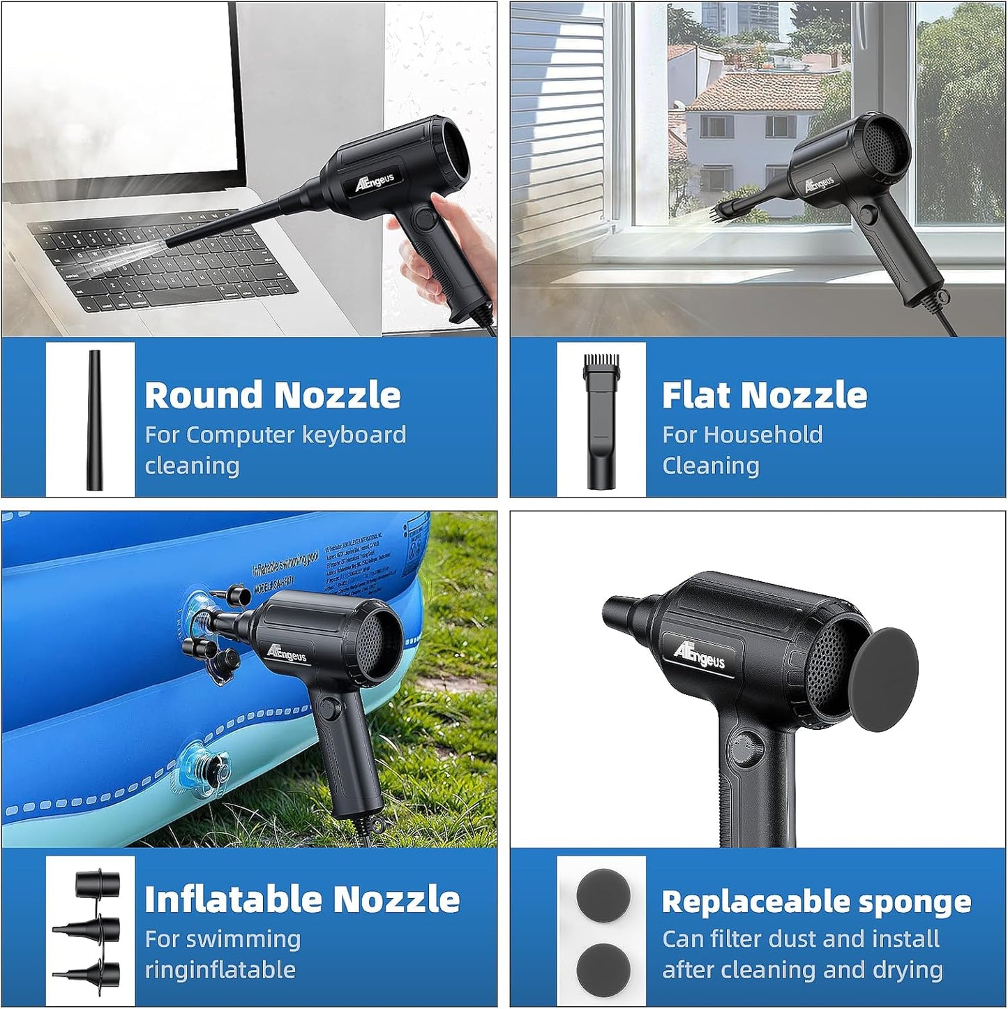 ATEngeus Air Duster, Stepless Speed Electric Air Duster, Multi-Use Compressed Air Duster, Keyboard Cleaner, Replace Canned Air, Air Blower for Clean Dust, Hairs, Laptop, PC