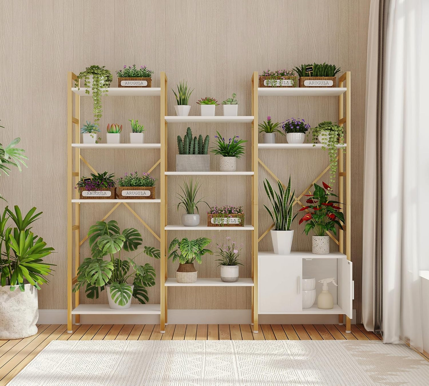 Yusong Bookshelf Triple Wide 5 Tier Bookcases with Storage Cabinet, Industrial Large Modern Tall Bookshelves with 12 Open Display Shelves for Living Room Office Bedroom, White and Gold