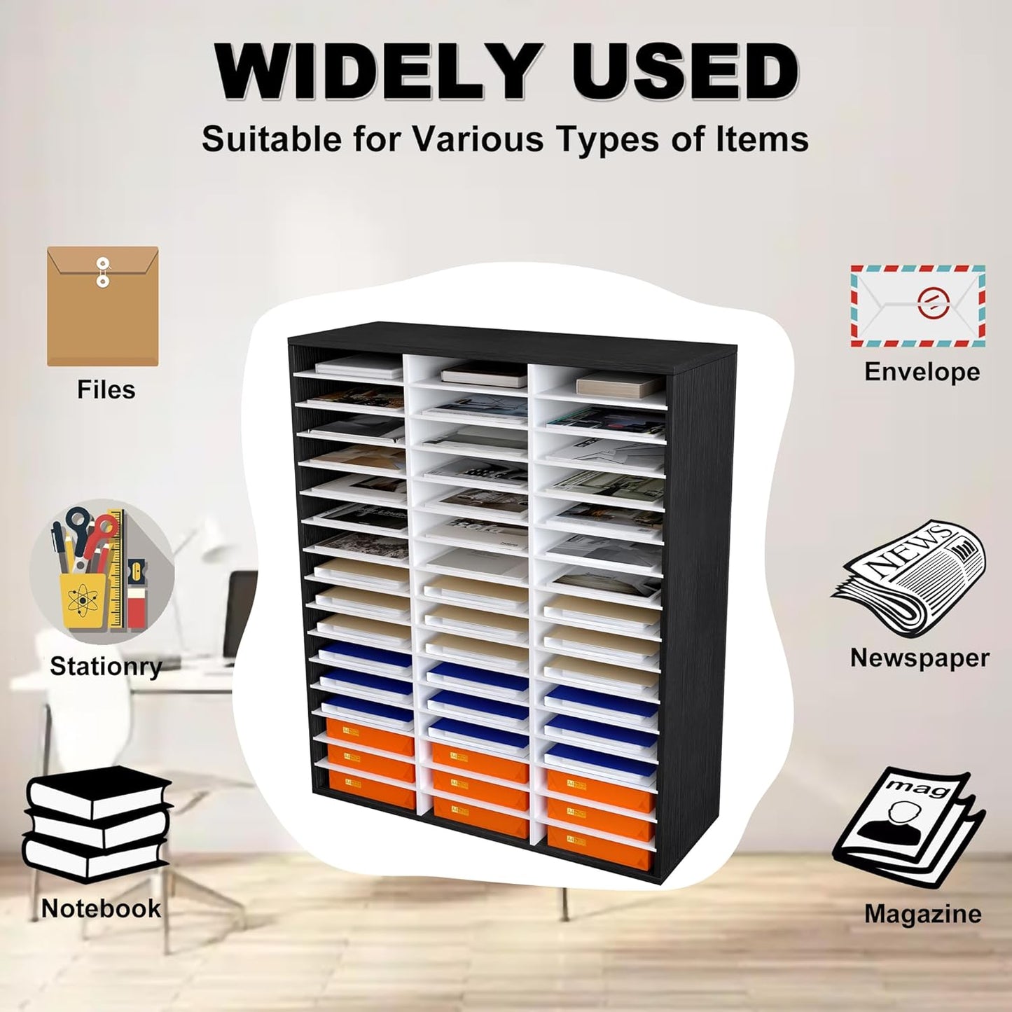 Mail Sorter Wood Literature Organizer, Student Mailbox for Classroom, Desktop Bill Paper sorter for Office Home School, 48 Compartments, White