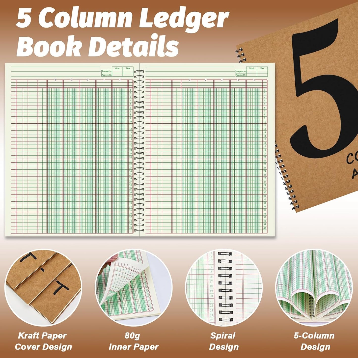 1 PCS 5 Column Ledger Book Accounting Ledger Paper Analysis Pad Financial Accounting Ledger 5 Column 8.5 * 11 Inches Log Book 5 Column 100 Pages for Bookkeeping Personal Use and Small Business