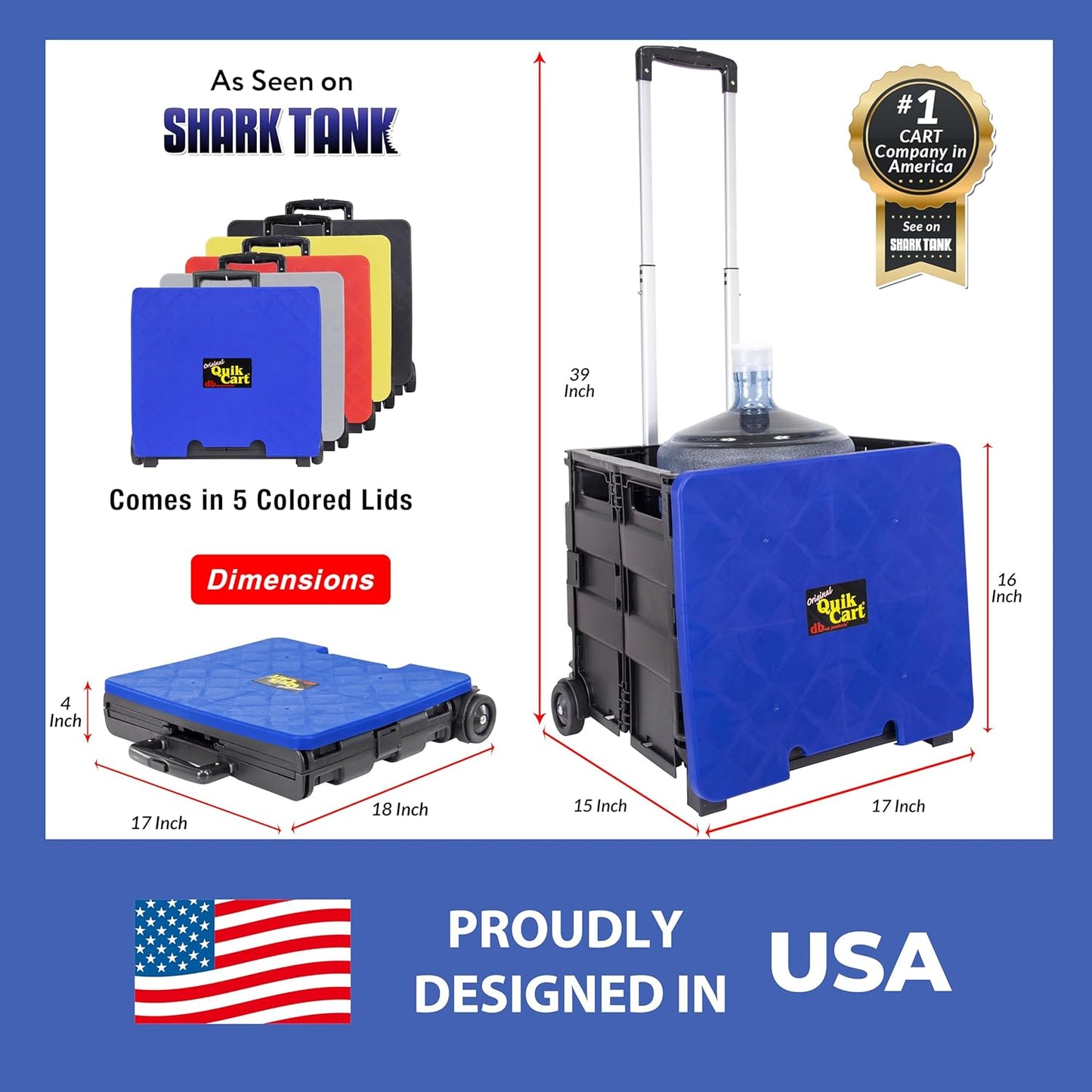 dbest products Quik Cart Collapsible Rolling Crate on Wheels for Teachers Tote Basket, 80 lbs Capacity, Blue Lid Made from Heavy Duty Plastic and used as a Seat