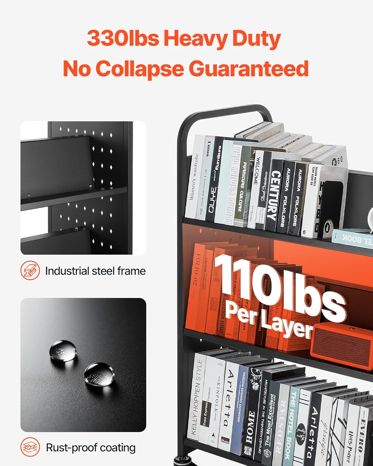 VEVOR Rolling Library Book Cart, 330 lbs Capacity, 38.2 x 20.3 x 48.2-Inch Library Cart, Double Sided W-Shaped Shelves with 3-Inch Lockable Wheels, Book Truck for Home Shelves Office and School, Black