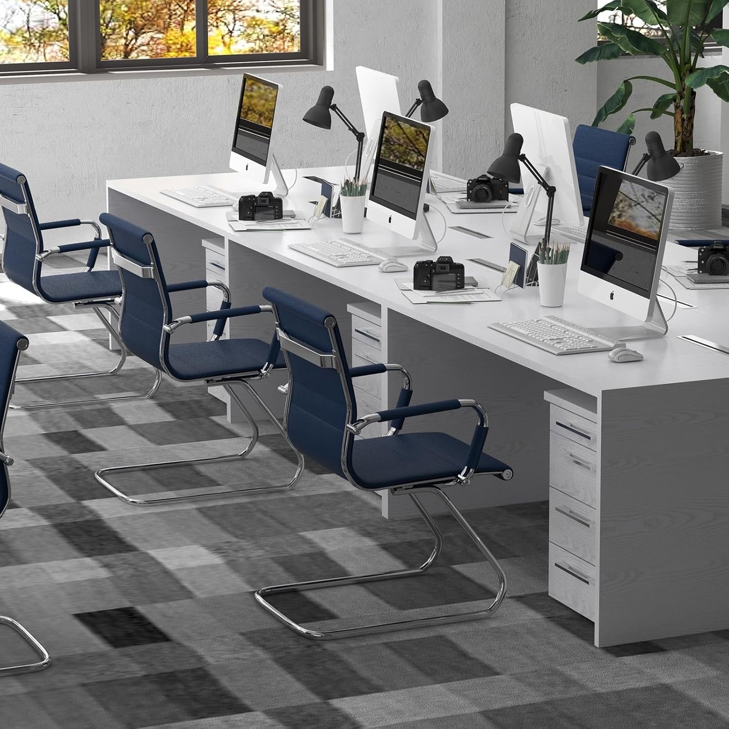 Office Desk Chair No Wheels Set of 4 PU Leather Computer Chairs Mid Back Guest Chairs for School Reception Conference Waiting Room, Navy Blue