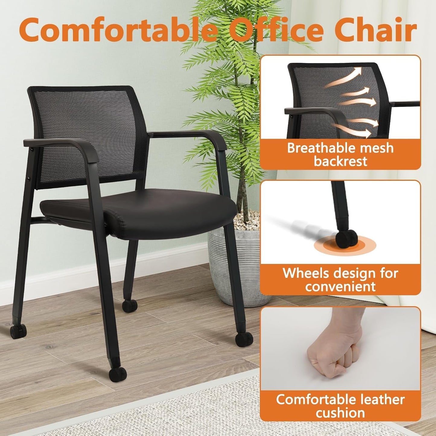 CLATINA Stacking Office Chair with Wheels, Mesh Back Waiting Room Guest Chairs with Arms Comfortable Leather Cushion Stackable Desk Chair for Conference Reception School Side Stationary, Black, 8 PK