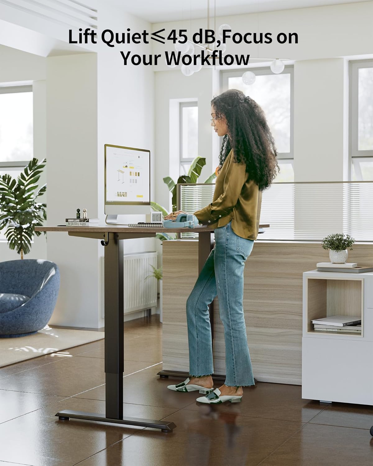 FEZIBO One-Piece Standing Desk Adjustable Height Stand up Home Office Desk, 48x24 Inch Electric Standing Computer Desk, with 4 Memory Presets, Fixable casters, Rustic Brown