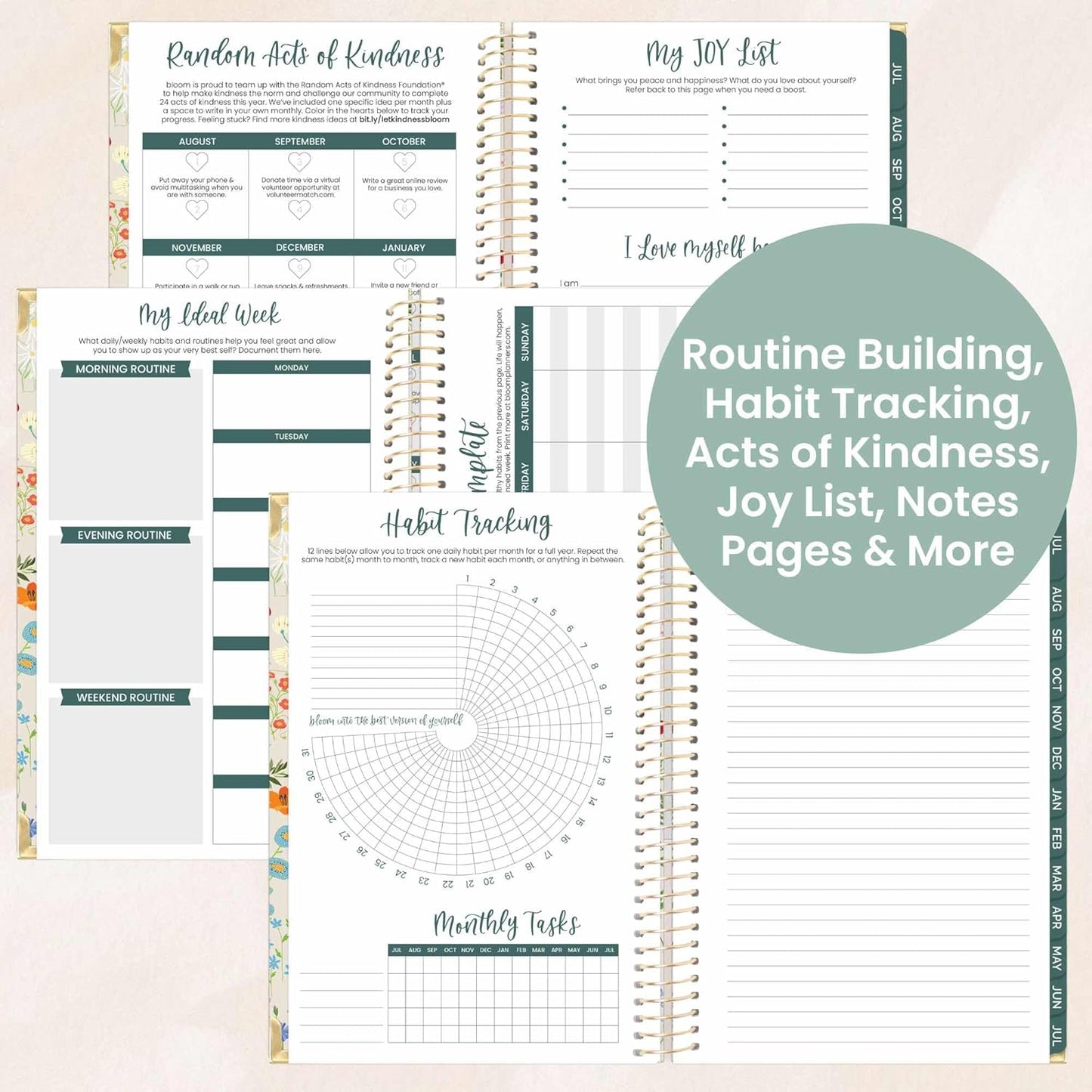 bloom daily planners HARDCOVER 2025-2026 Academic Year Day Planner (July 2025 - July 2026) - A5 Task Goal Organizer - Monthly & Weekly Inspirational Agenda Book - 5.5" x 8.25" - Garden Party, Beige