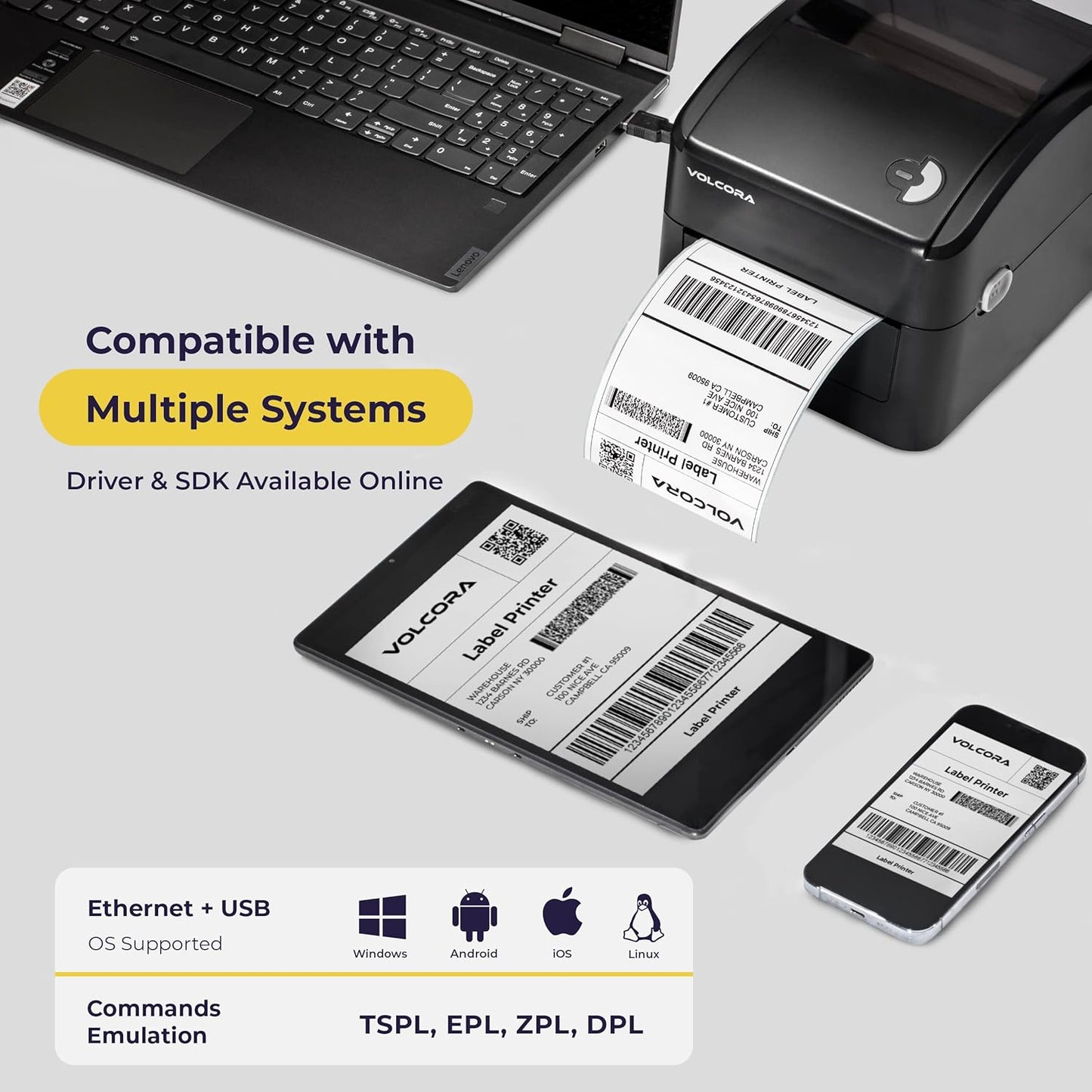 Volcora Thermal Label Printer with Ethernet/USB - Desktop 4x6 Shipping Label Printer, Compatible with Windows, Linux, Mac - Ideal for Small Business, Inkless Printer for Shipping Packages (Black)