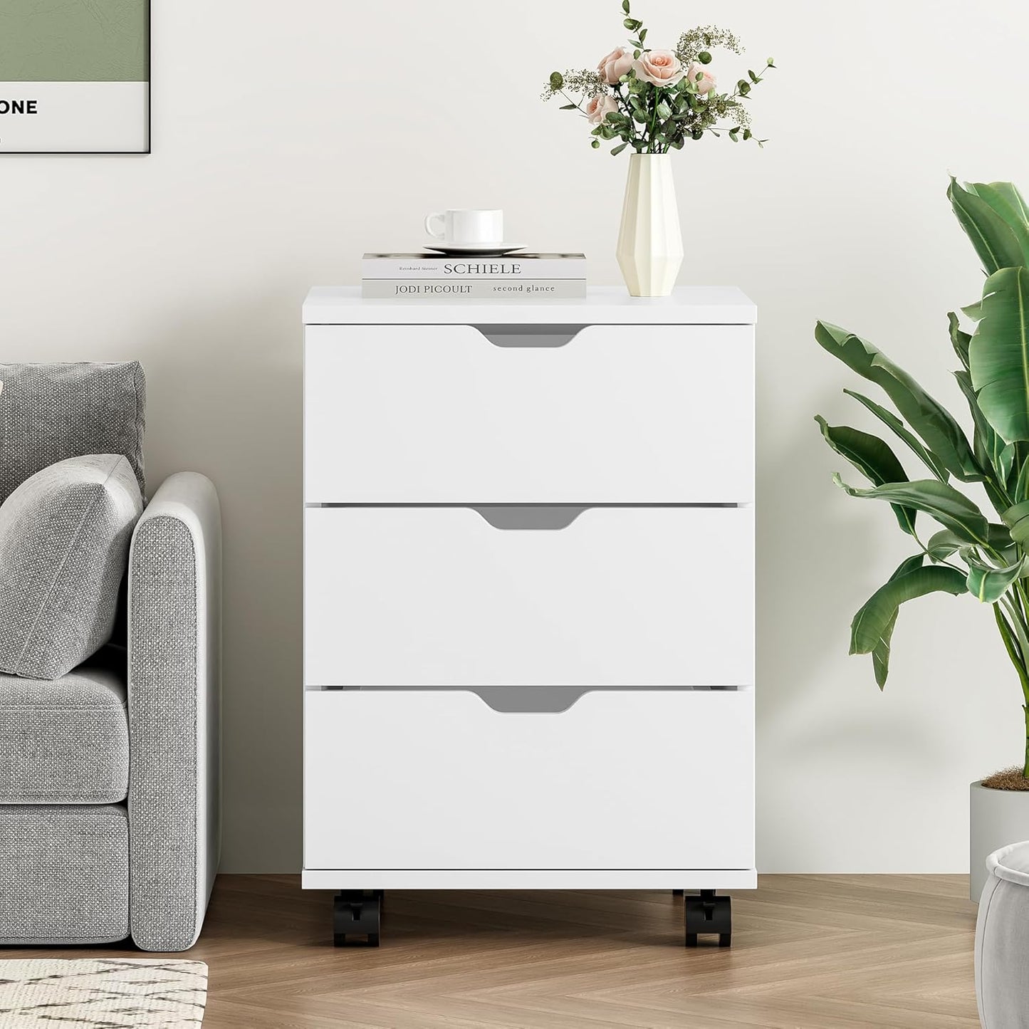 Farini 3-Drawer Under Desk Wooden File Cabinet with Lockable Caster Storage Cabinets for Home Office,White,Required Assembly