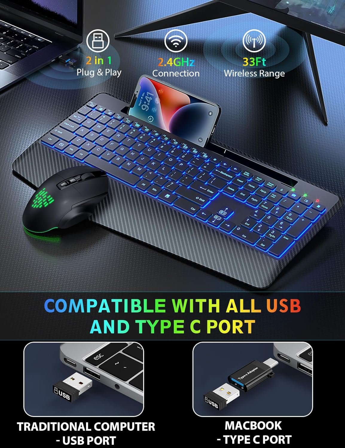 Wireless Keyboard and Mouse Backlits, Wrist Rest, LED Mouse, Rechargeable Ergonomic Keyboard with Phone Holder, Silent Light Up Combo for Computer, Mac, PC, Laptop, Chromebook (Black)