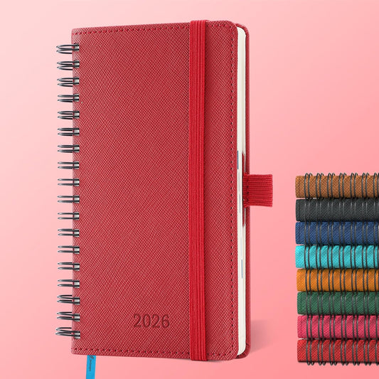 Planner 2026 Daily Weekly and Monthly,6.5"x3.75",12 Months Spiral Bound Calendar Agenda with Self-adhesive Pen Holder,2026 Appointment Book with Vegan Leather Soft Cover,Red