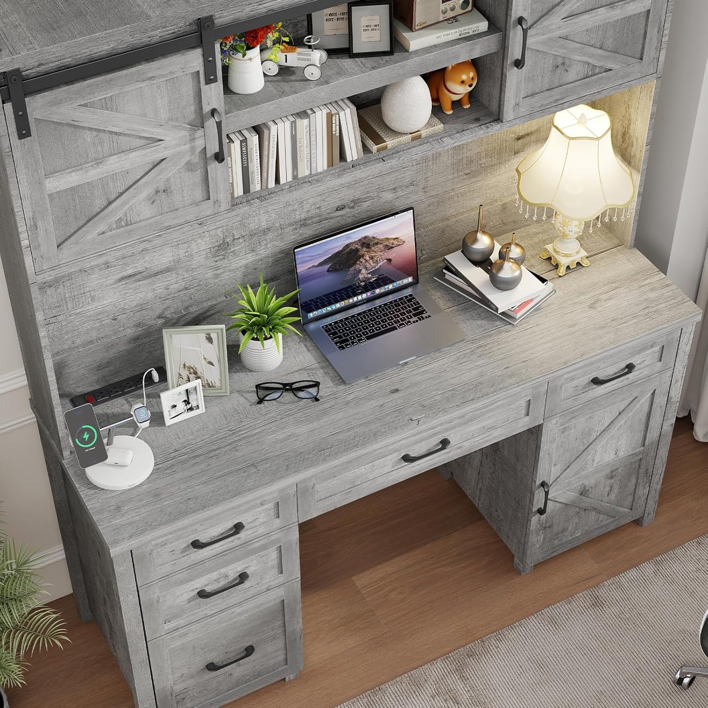 Farmhouse 67''H Executive Desk with Hutch & 5 Drawers, Rustic Office Desks Computer Desks with Charging Station, File Drawers and Storage Cabinets, Wood Workspace for Home Office & Study.（Grey）.