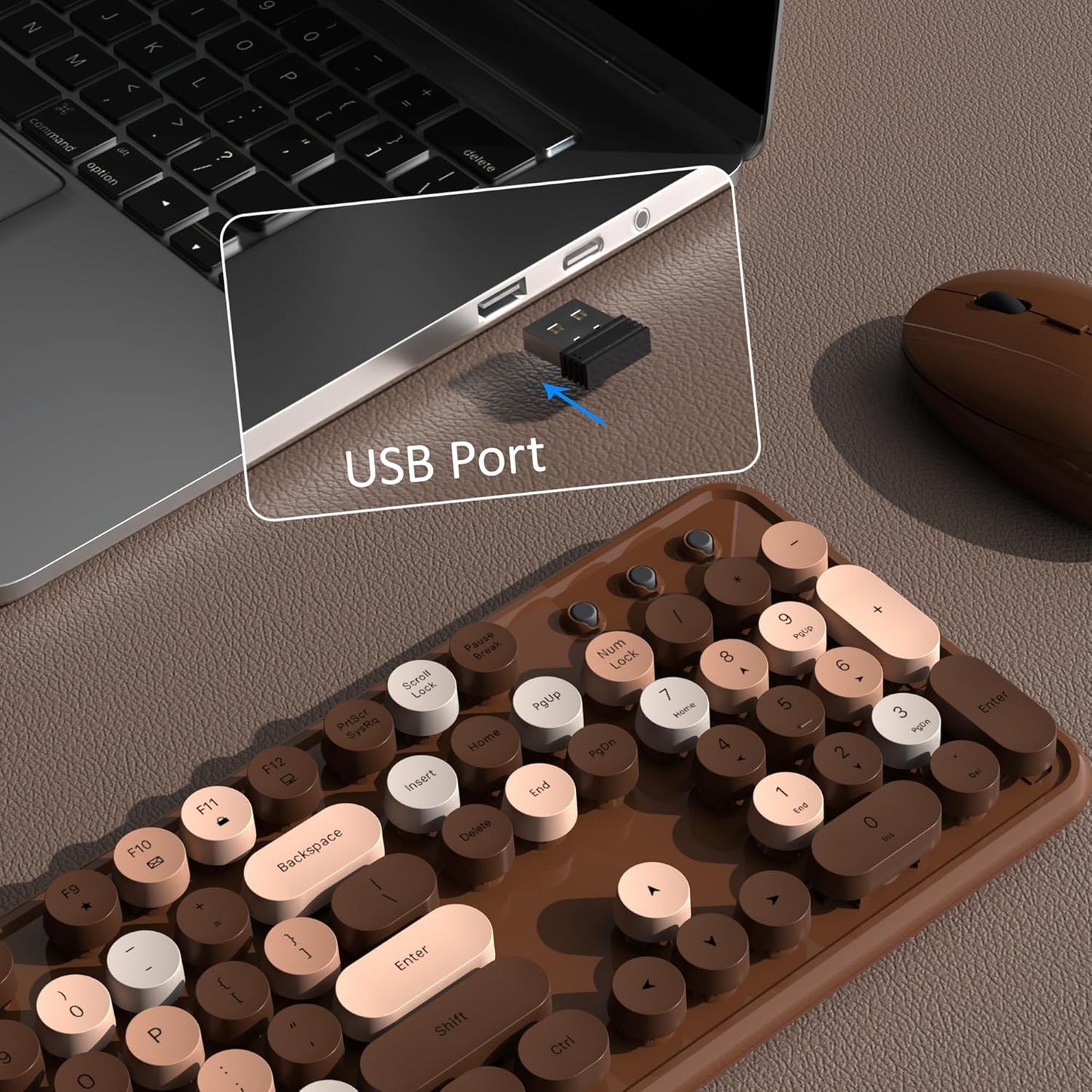 Colorful Wireless Keyboard and Mouse Combo, COVEVA 2.4GHz Wireless Retro Cute Round Keycaps Keyboard, 104 Keys Full-Sized Keyboard Mouse Set with Switch Button for PC Laptop Desktop (Brown Colorful)