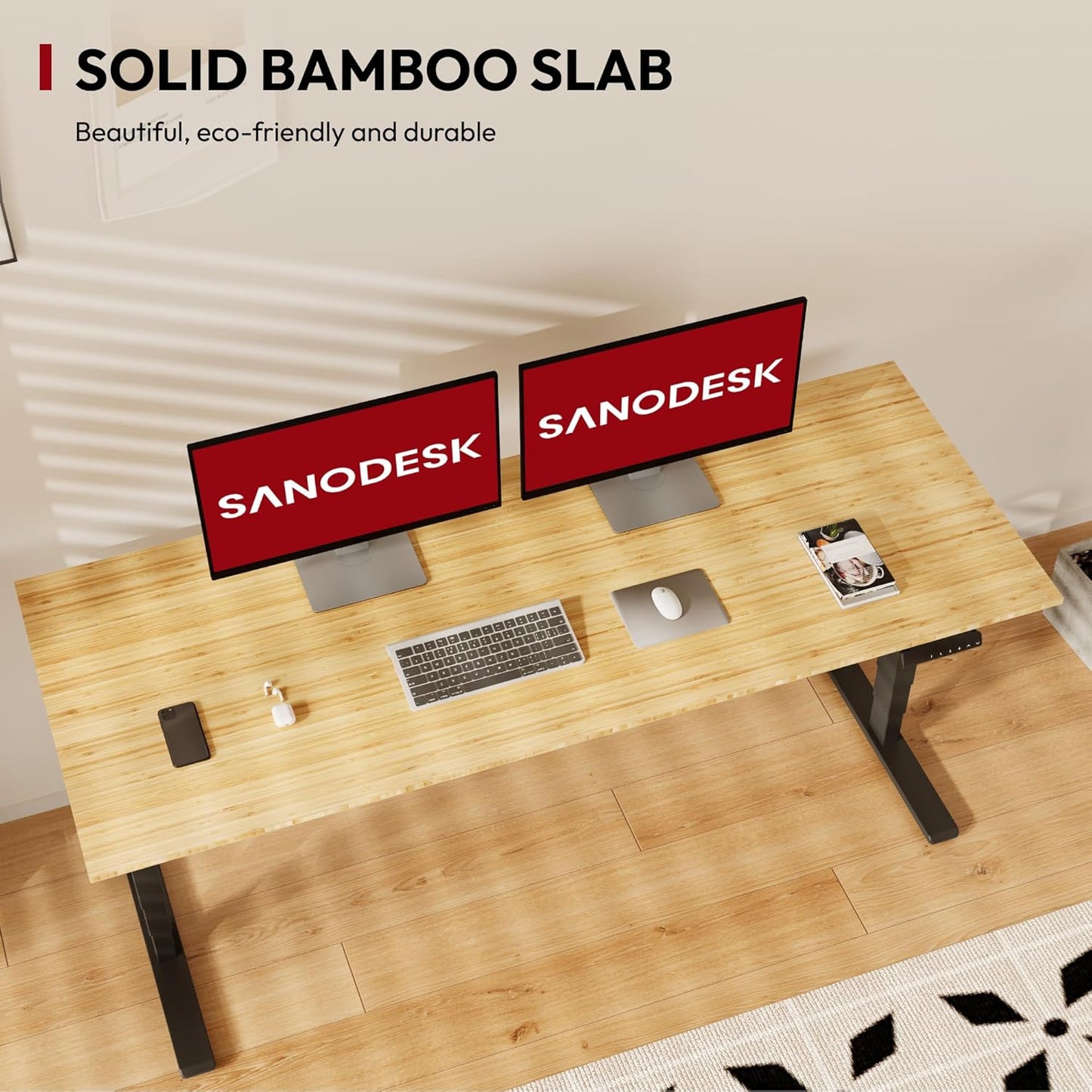 Standing Desk with Dual Motor, 3-Stage Lifting Column, Handset with 3 Preset and Sit-Stand Reminder - 72 inch Whole Piece Real Bamboo/Black Frame, Height Adjustable Desk for Home and Office