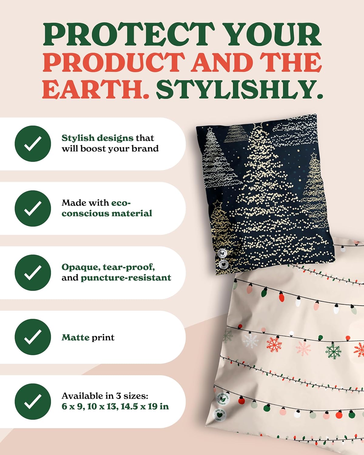 Impack Biodegradable Mailers - Flat Shipping Bag, Waterproof-Printed Mailing Bags-Thick Mailing Envelope for Accessories & Clothing, Self Sealing Envelope (Christmas Trees 25pack, 10x13 Inch)