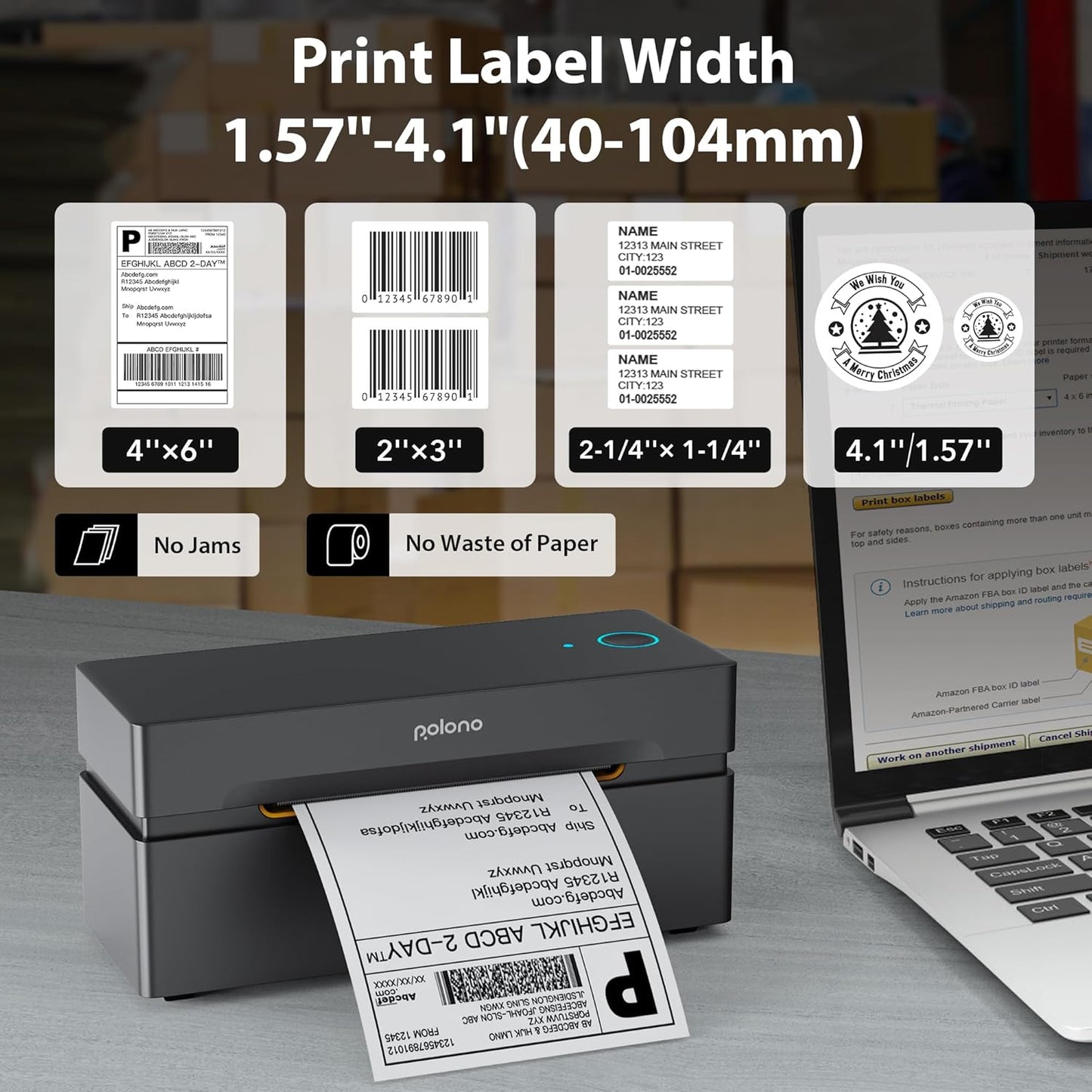 POLONO Bluetooth Thermal Shipping Label Printer, Wireless 4x6 Shipping Label Printer for Small Business, Support iOS, Android, Windows and Mac, Compatible with Amazon, Ebay, Shopify, Etsy, USPS(Brown)