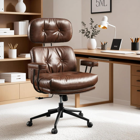 ovios Ergonomic Home Office Chair, Mid-Century Modern Faux Leather Chairs with Thickened Cushions, Comfy High Back Swivel Rolling Executive Computer Armchair (Dark Brown, PU Leather)