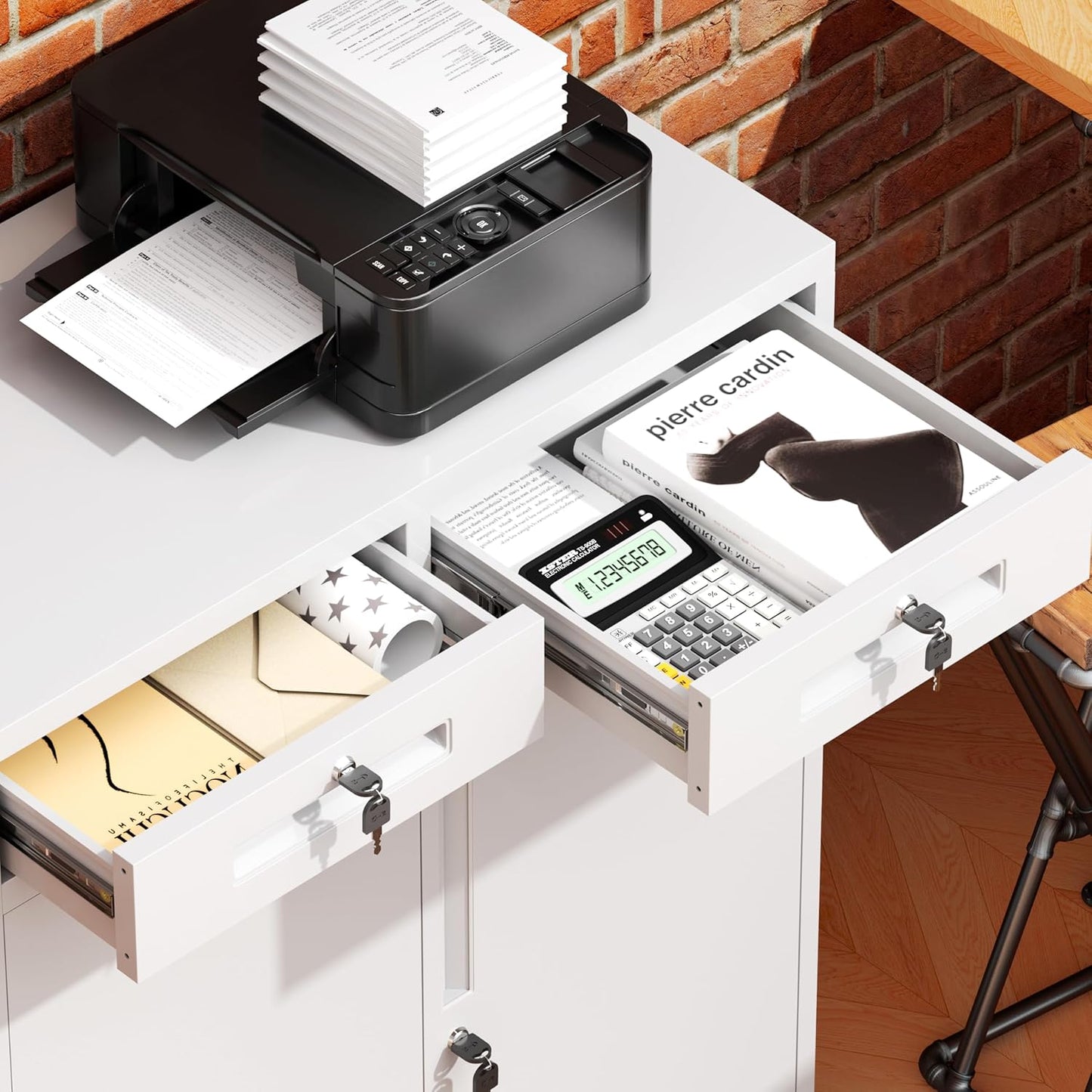 Greenvelly Metal Storage Cabinet, 42' White Steel Garage Cabinet with 2 Doors, Adjustable Shelves, Locking for Office, School or Tool Organization