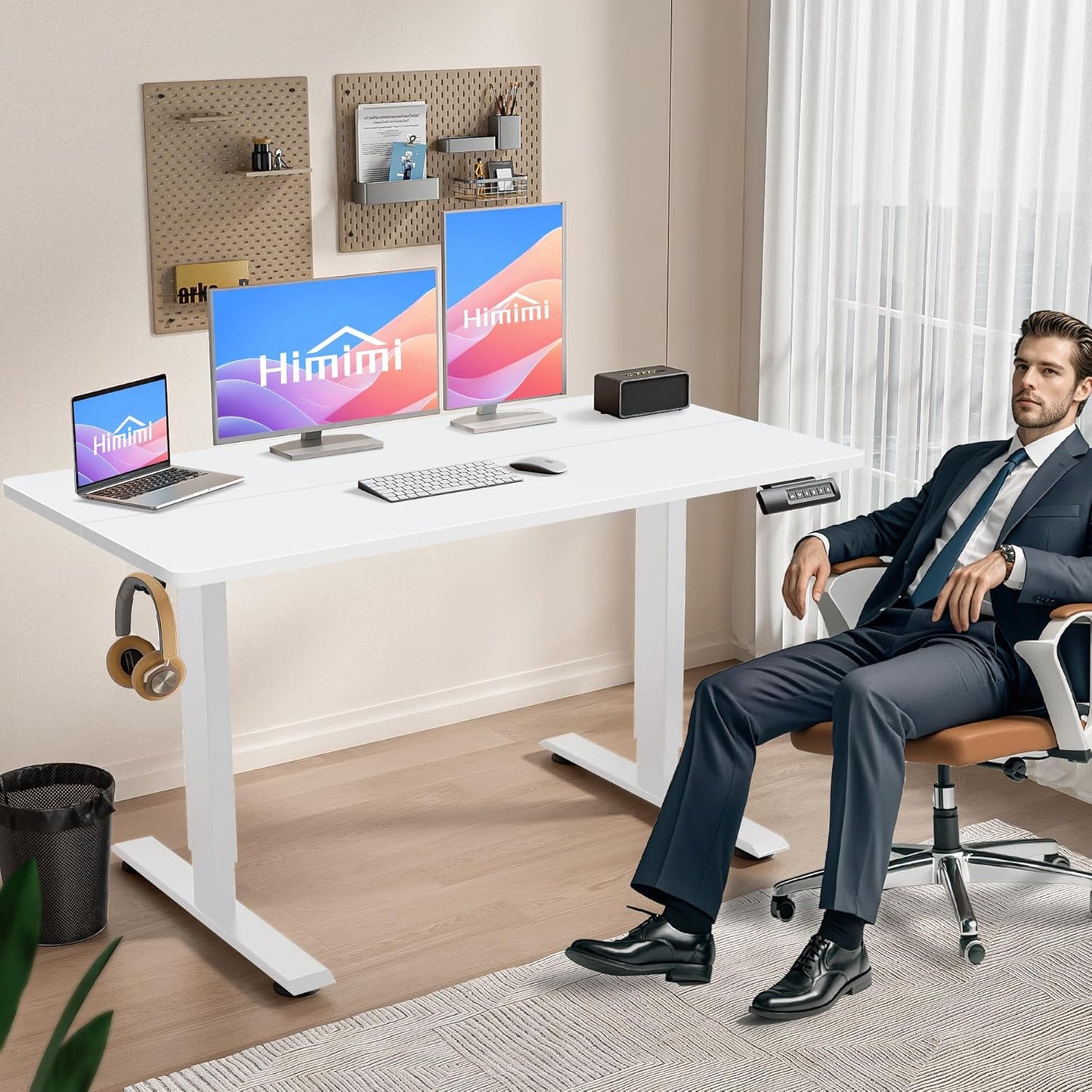 Himimi Electric Standing Desk 48 x 24 inch for Home Office,Sit-Stand Adjustable Desk with Memory Presets,Height Adjustable Desk for Gaming/Working,Free Hook, Lockable Wheels,White