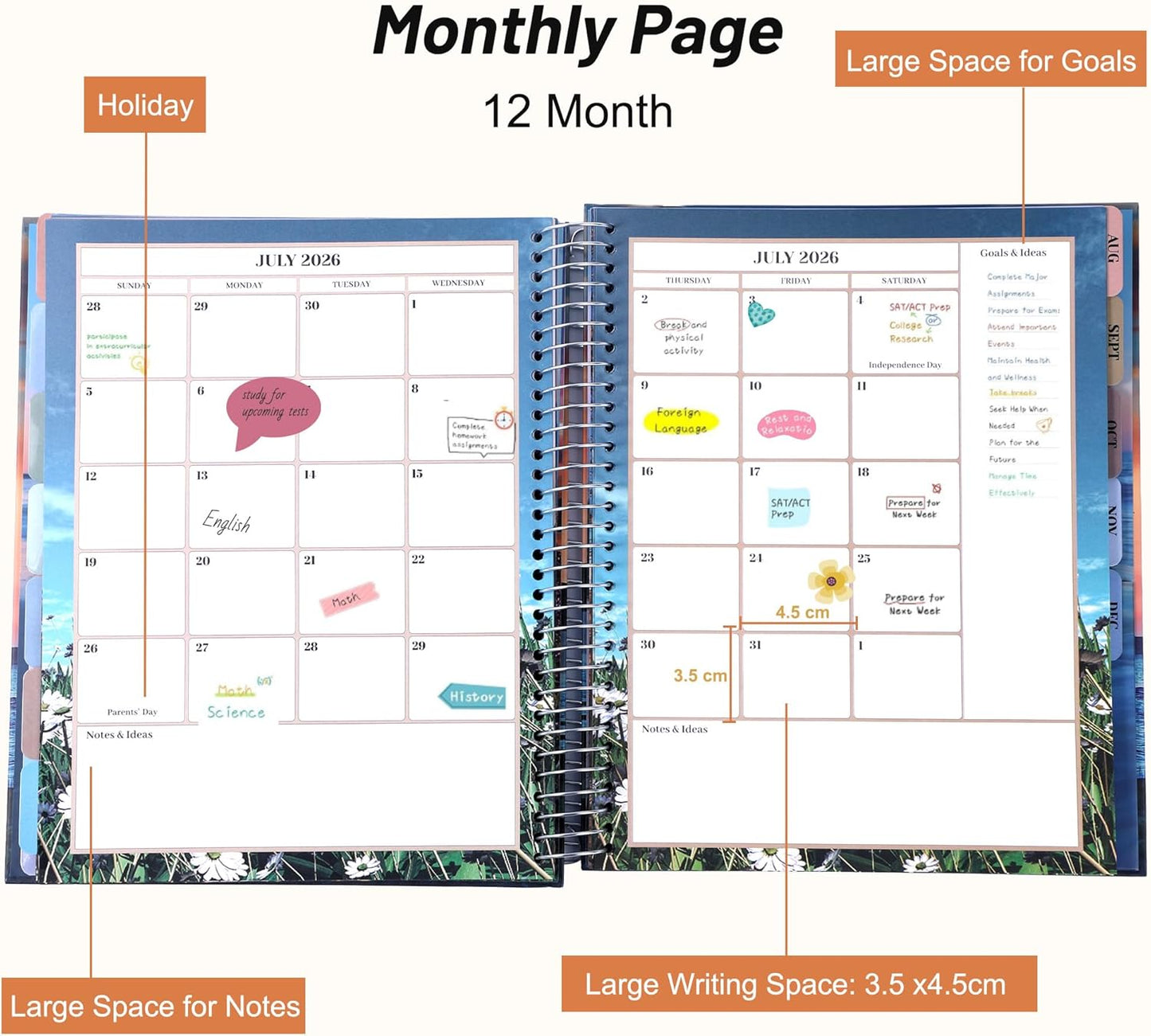 CAGIE Planner 2026 Monthly (Jan. 26-Dec. 26), 12 Month Academic Planner 8.5"x11", Large Daily Planner with Hourly Timeslot, Monthly Tab, Spiral Binding, Bookmark