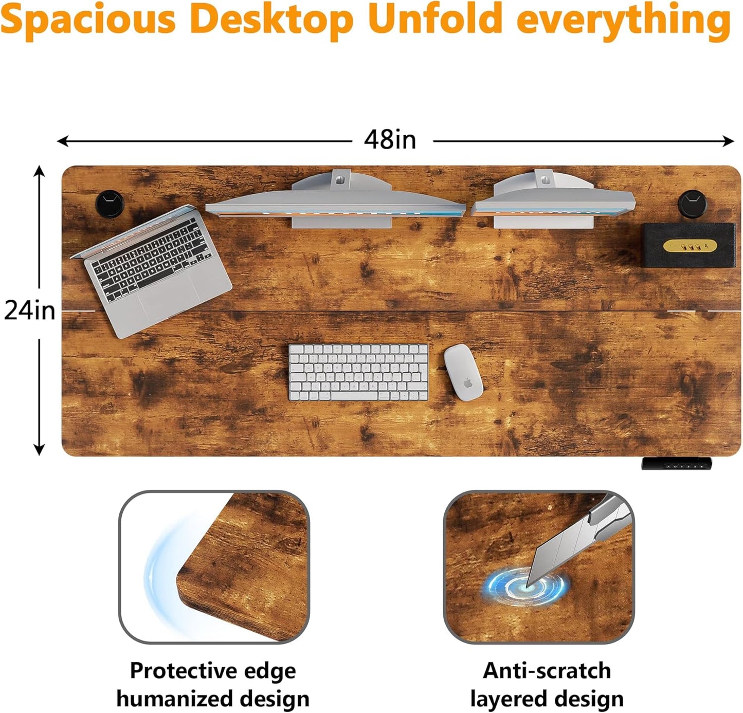 Himimi Electric Standing Desk 48 x 24 inch for Home Office,Sit-Stand Adjustable Desk with Memory Presets,Height Adjustable Desk for Gaming/Working,Free Hook, Lockable Wheels,Brown